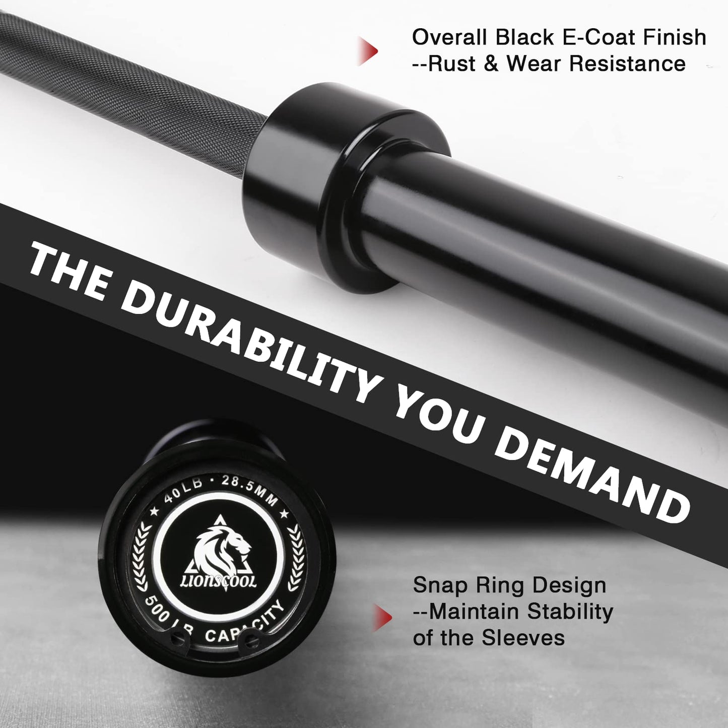 LIONSCOOL 7ft Olympic Barbell (40lbs Weight, Black E-coating, 500LBS, Center Knurl)