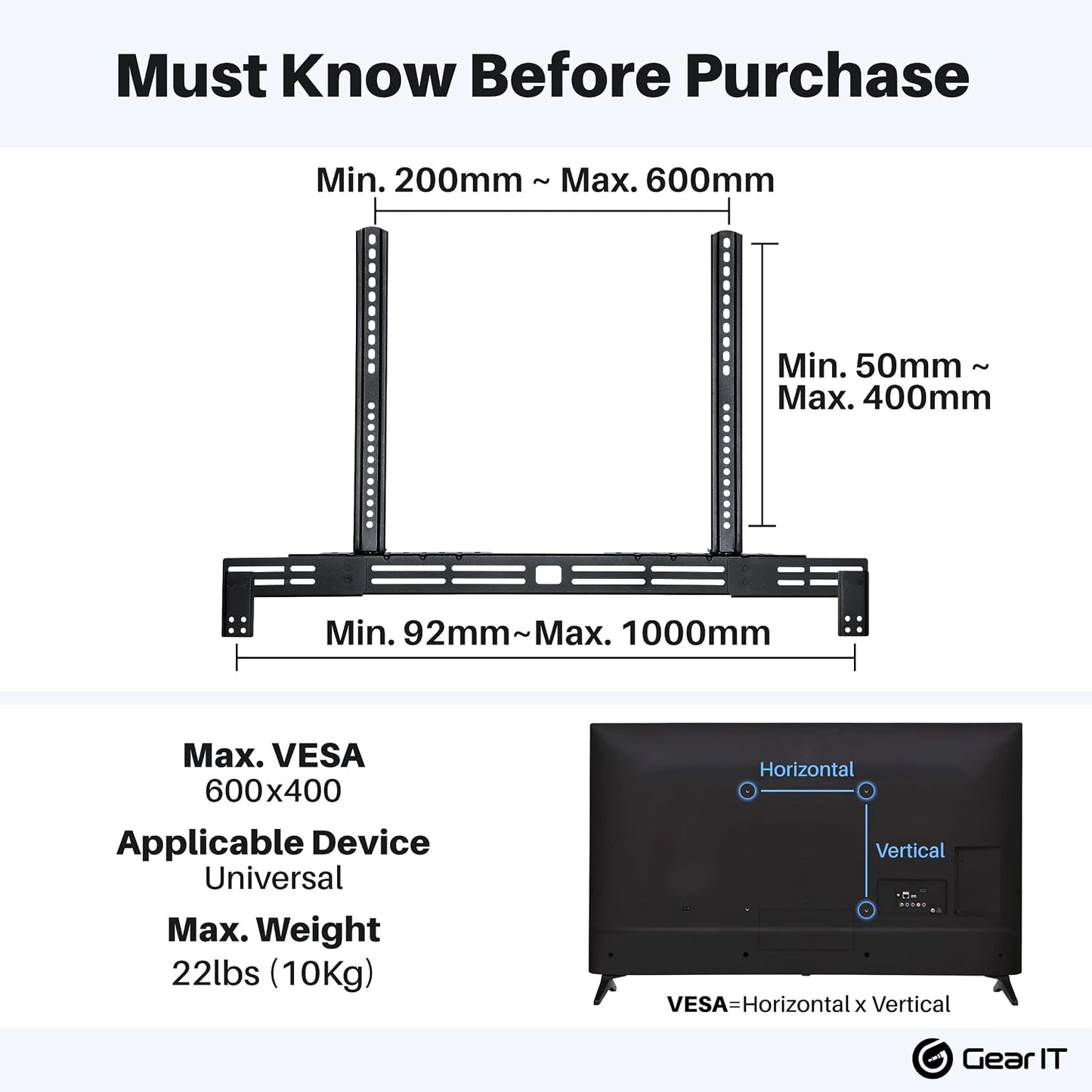 GEARit 22 lbs) Sound Bar Mount, Soundbar TV Bracket (Up to Mount Top or Bottom or Wall Hold, Height and Depth