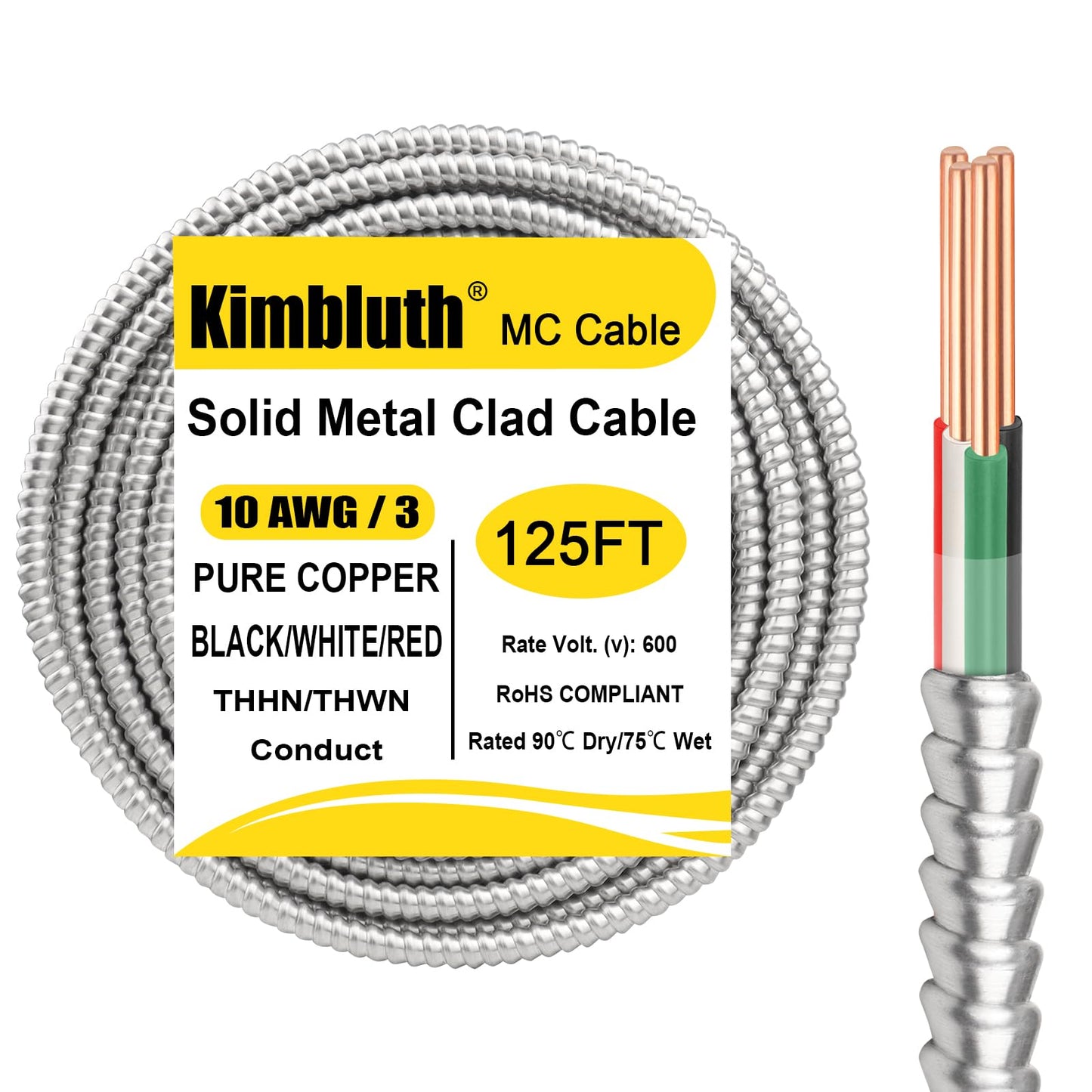 10/3 Metal Clad (MC) Cable with Ground 125ft, 10 Gauge Electric Wire with Aluminum Armor, Solid Bare Copper Conductors for Indoor Outdoor Underground Embedded Installation (10/3, 125 ft)