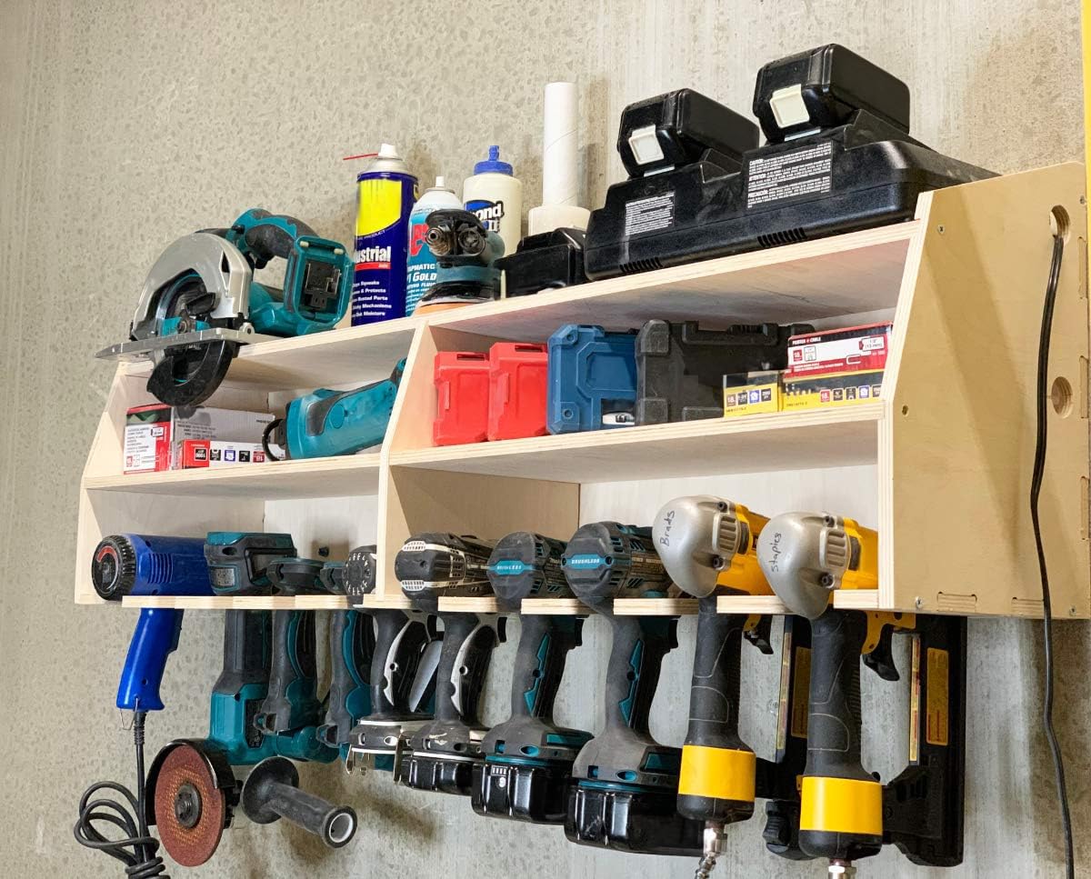 Factory Crafts Cordless Drill Tool Holder Organization Storage Rack Wood Shelf Case Organizer 10-Slot Birch Plywood