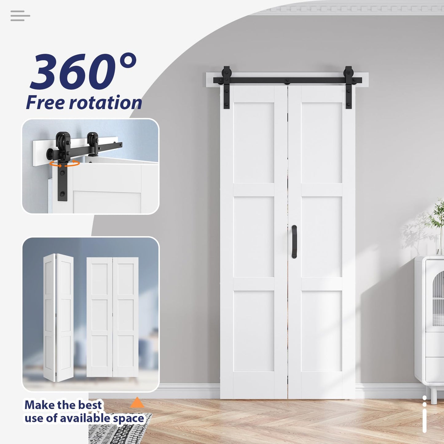 FREDBECK 36X84 Bifold Barn Door White with Hardware, Water-Proof PVC Surface,Assembly Required