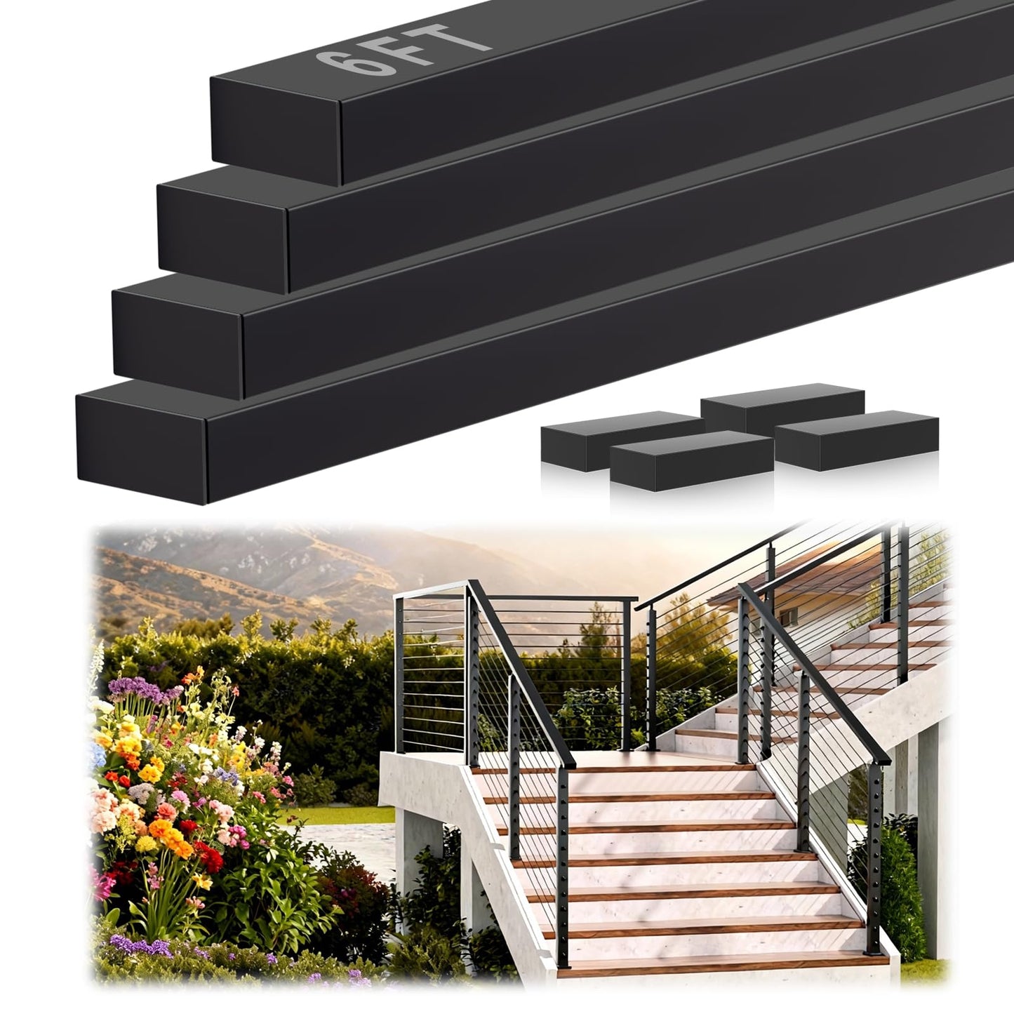 Gyykzz 6FT Stainless Steel T304 Handrail Black with POM Connector, 4 Pack Rectangular Cable Railing Handrail Flat Deck Top Rail with SS304 End Caps for Indoor Outdoor Deck Stair Cable Railing System