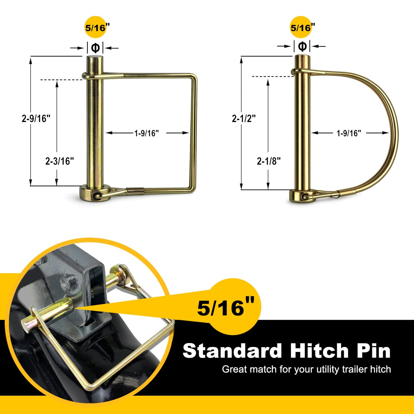 Wellmax 12-Pack Trailer Hitch Pin Assortment, 1/4" and 5/16" Diameter, Square and Arch Wire Lock Pins, Zinc-Plated Carbon Steel Safety Pins for PTO, Farm, Mower, and Boat Trailer Couplers, Gold