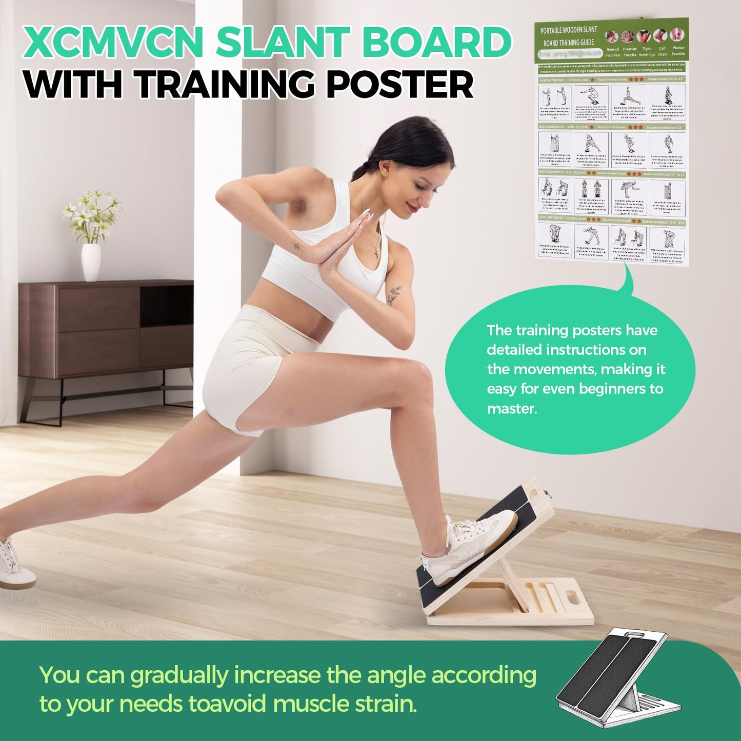 XCMVCN Slant Board for Calf Stretching, 5 Angle Portable Adjustable Calf Wooden Stretch Board with Training Poster, 300lb Weight Capacity for Ankle Heel Feet Leg Knees Physical Therapy Equipment