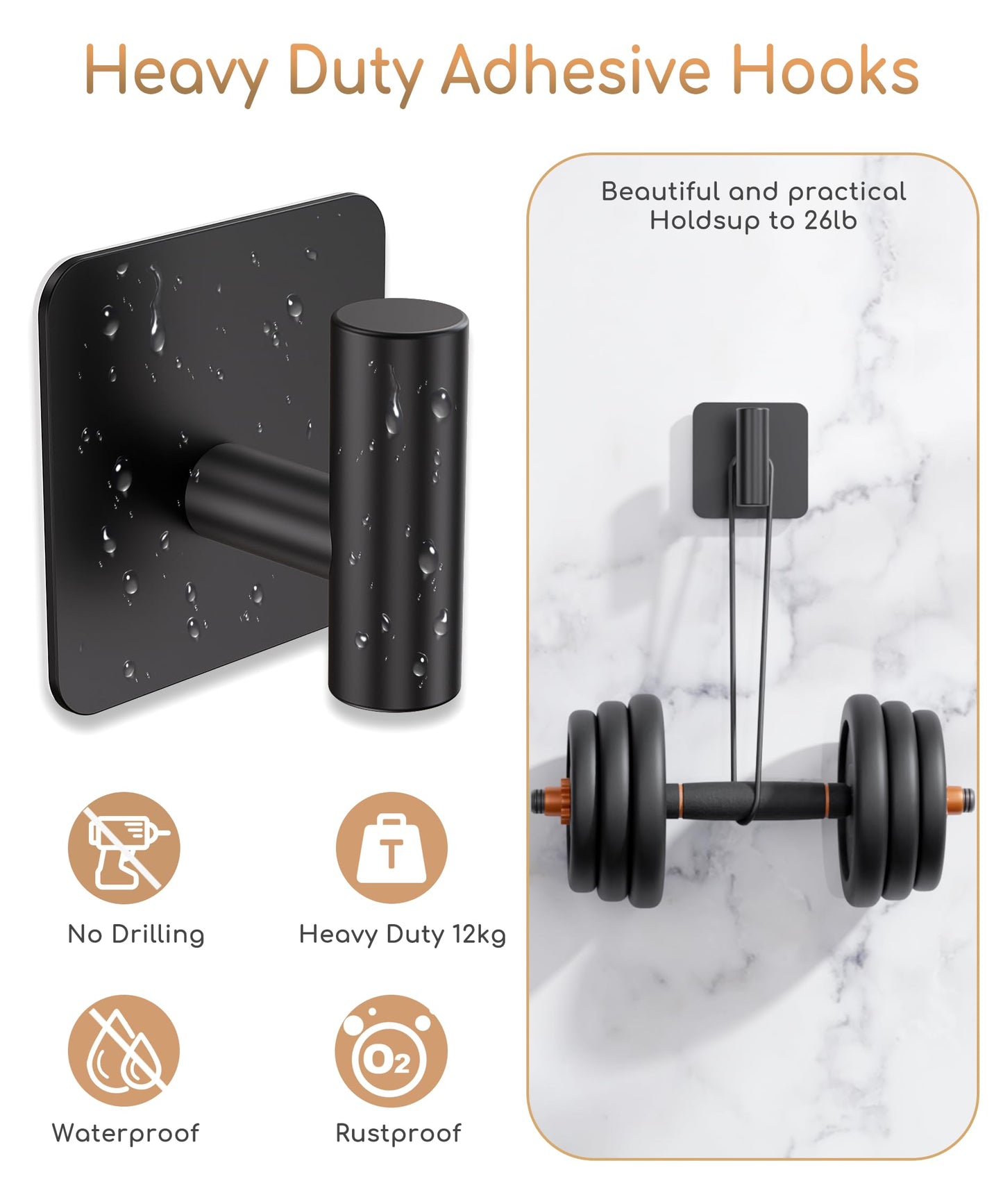 Aikzik 4 Pack Large Heavy Duty Wall Hooks - 26lb Max, Stainless Steel Adhesive Towel Hook, Shower Hooks for Hanging Towel, Coat, Robe, Wall Hook for Use in Bathroom, Kitchen and Door, Matte Black