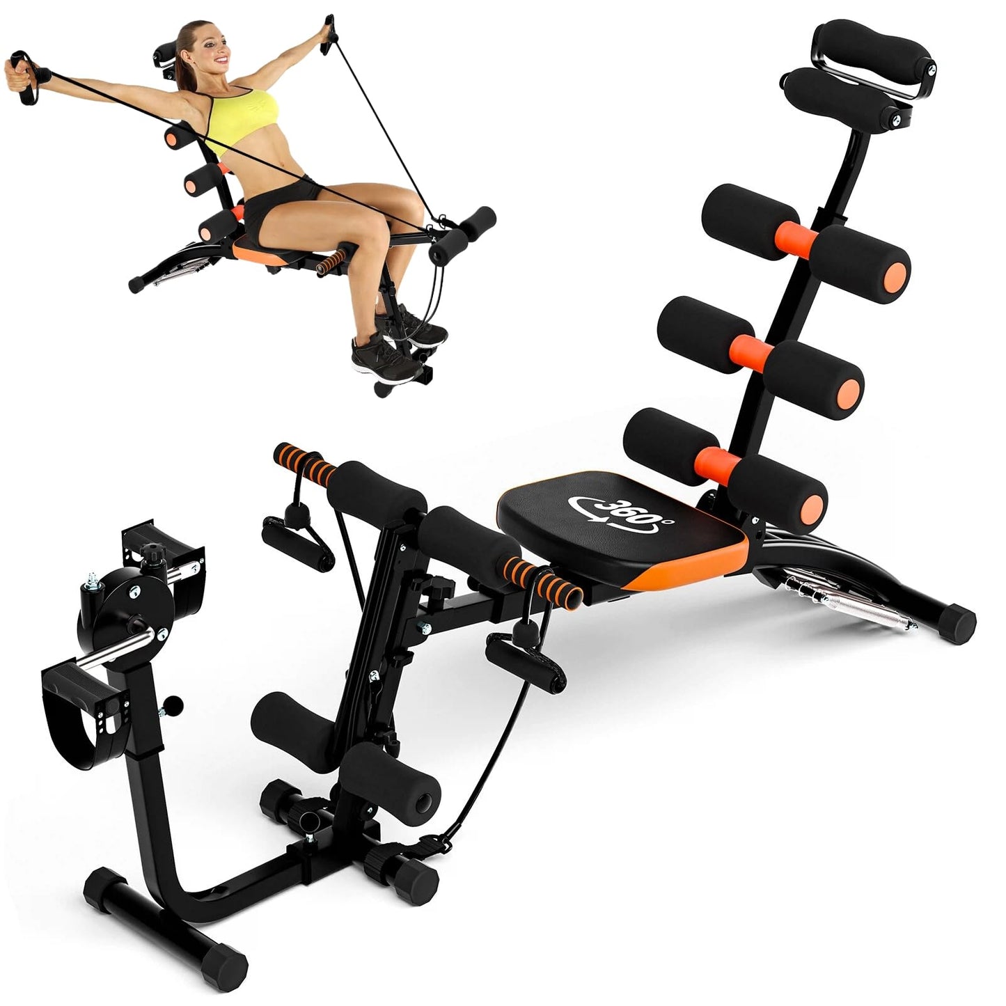 6 in 1 Ab Workout Bench for Home Gym, Adjustable Ab Workout Machine with Headrest 360° Twisting Seat Pedal Multi-Functional Adjustable Weight Bench Equipment for Total Body Work Out Black