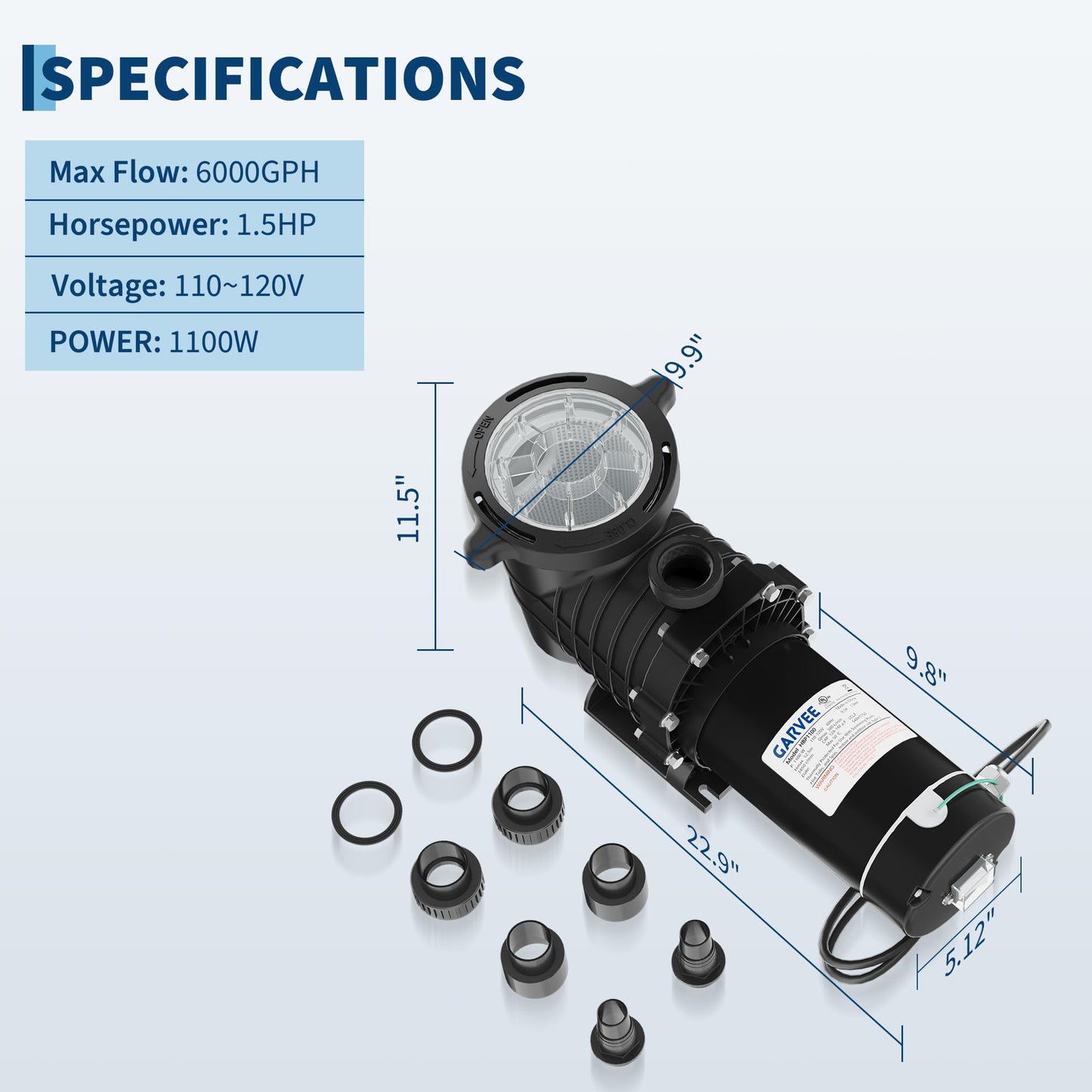 Garvee 1.5 HP Swimming Pool Pump 1100W 110-120V Single Voltage Pumps with Strainer Basket for Above-ground and In-ground, 6000 GPH Max. Flow