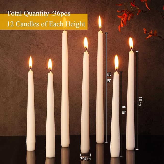 MTLEE Multi Height Unscented Candles - 8/10/12 Inch Taper Candles for Dinner Decoration (White, 36)
