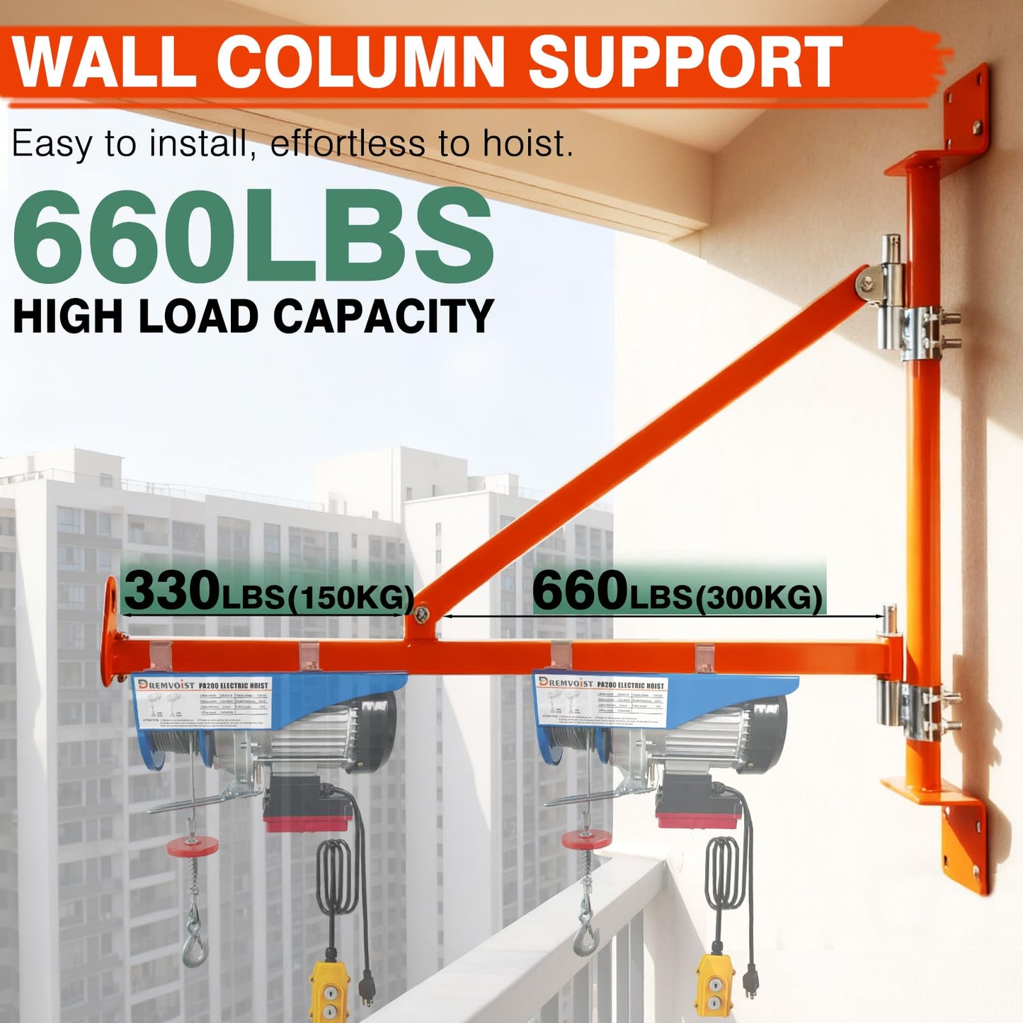 Wall Mount Jib Crane, Hoist Support Arm with 180°Swing, Electric Scaffolding Lift, Hoist Bracket, All Steel Construction 660LBS Capacity, Electric Hoist Holder Swing Arm with Pole, for Electric Hoist