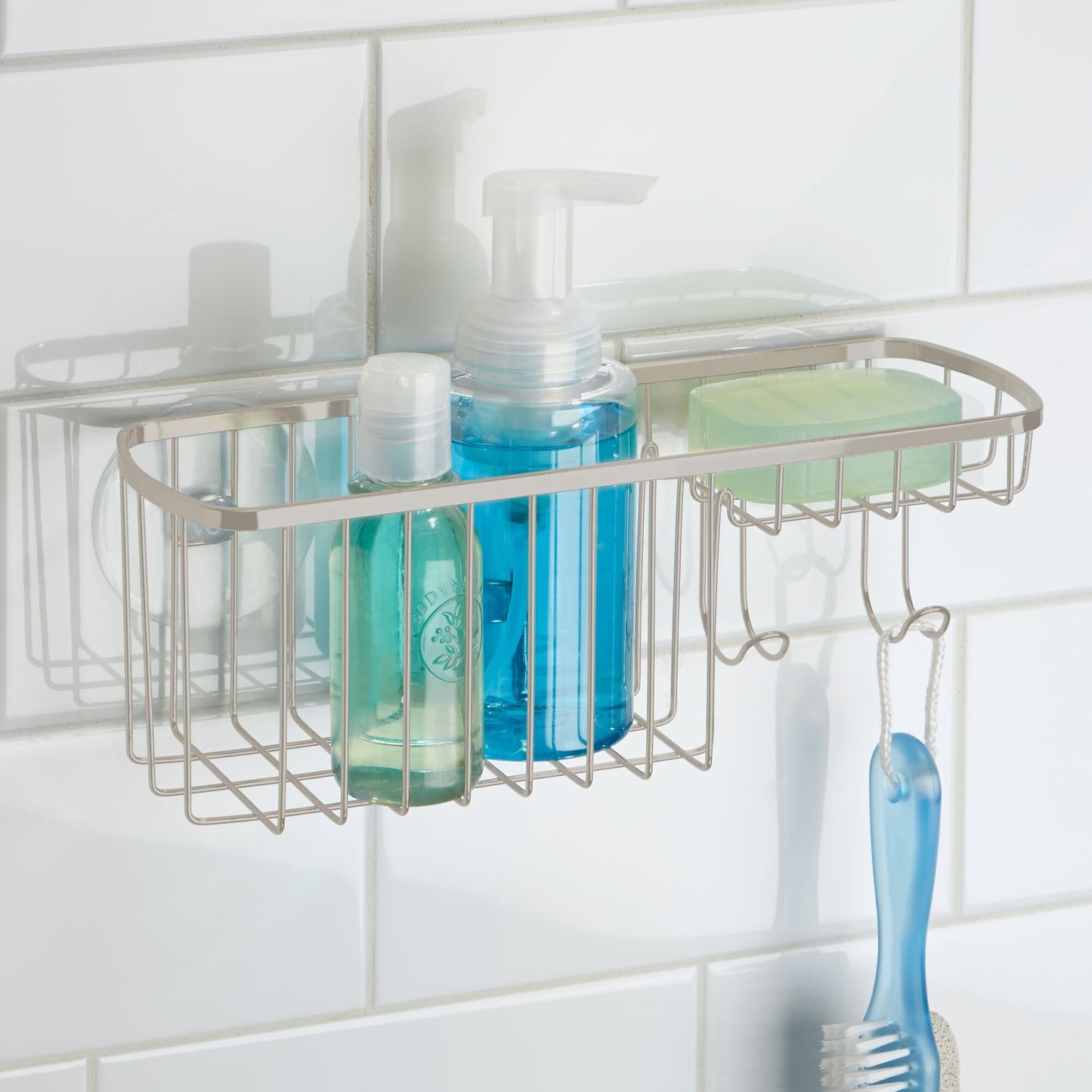 iDesign Suction Shower Basket with Soap Dish and Hooks– Gia Collection - Satin