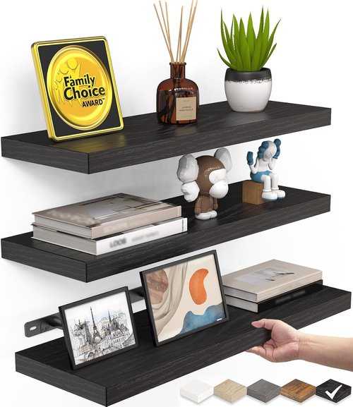 BAYKA Floating Wall Shelves - Rustic Wood Hanging Storage for Home Decor | Set of 3, 15.7in, Black