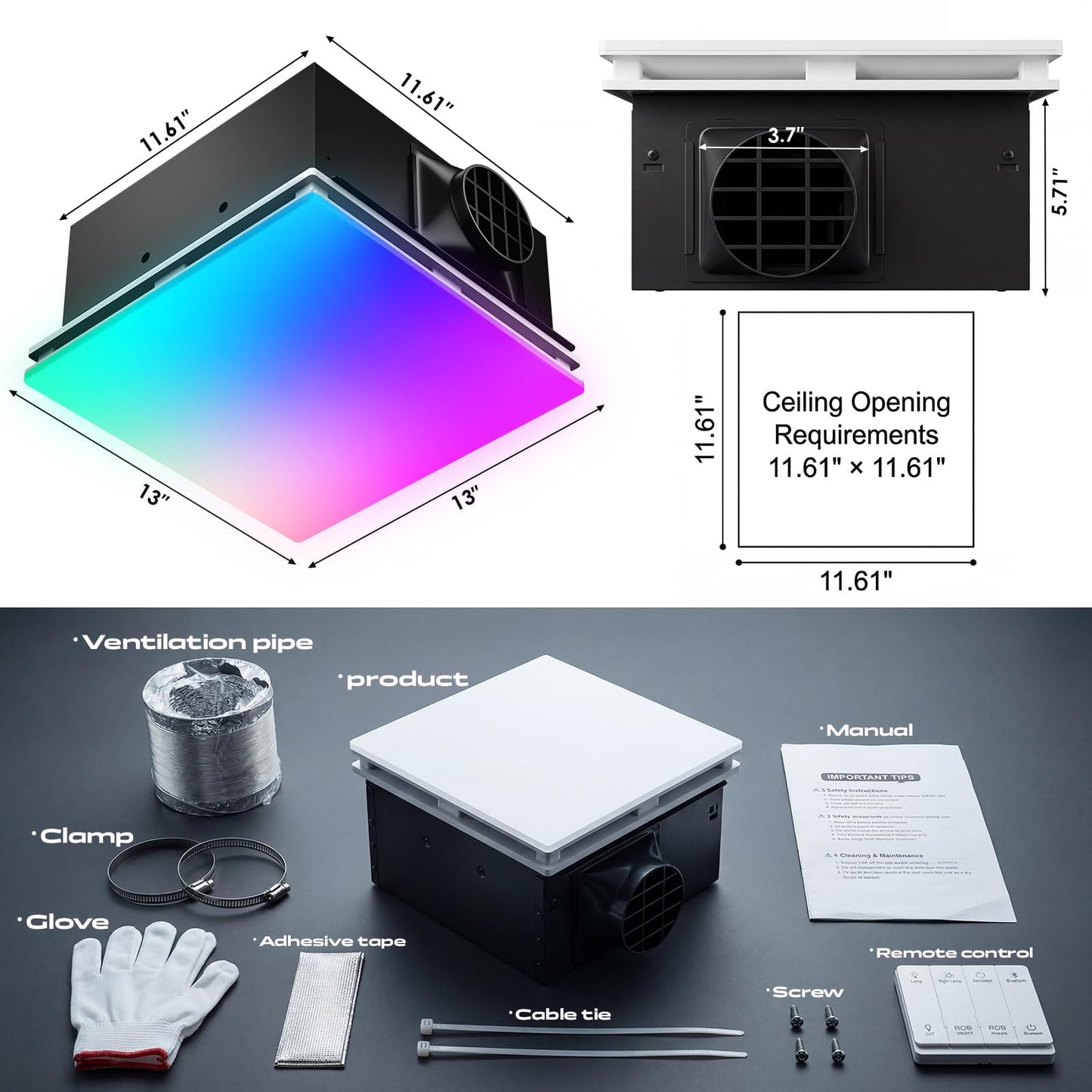BSEED Wifi Smart Bathroom Exhaust Fan with Light, Bluetooth Speaker & Humidity Sensor, 230 CFM 1.5 Sone, 7 RGB Modes & 3CCT Adjustable Light & Nightlight, Music Sync, App/Remote Control, Easy Install