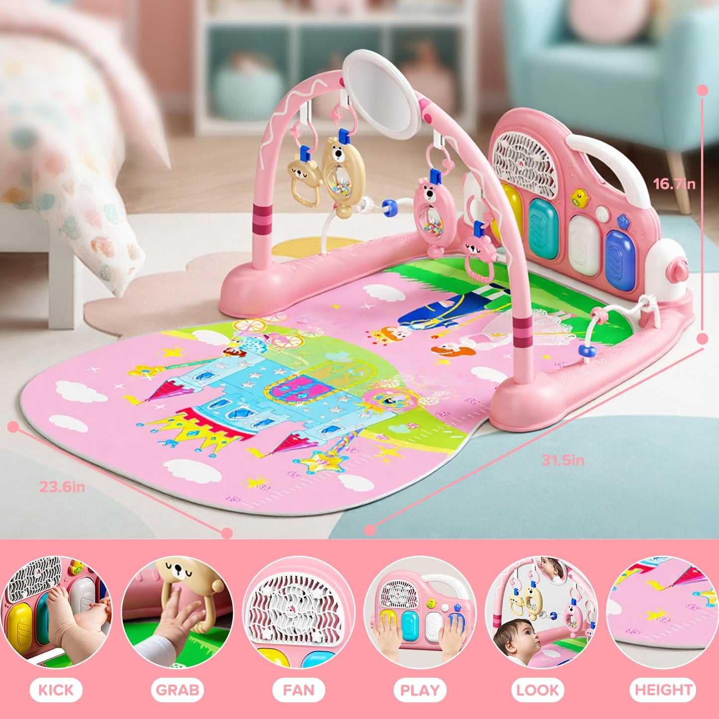 Baby Play Mat Kick and Play Piano Gym，Baby Floor Play Gym Tummy Time Mat，Baby Activity Mat with Music Lightsat and Sensory Toys Boy & Girl Gifts for Infant Newborn 0 to 3 6 9 12 Months (Pink)