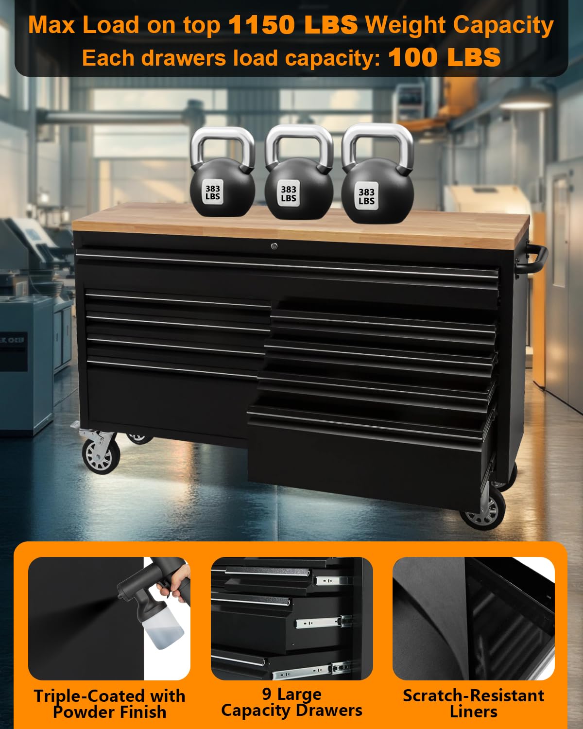 61-Inch Heavy-Duty Rolling Tool Chest & Mobile Workbench with 9 Drawers, Rubber Wood Top, Locking System, Wheels for Garage, Workshop, Warehouse Storage, Tool Cabinet