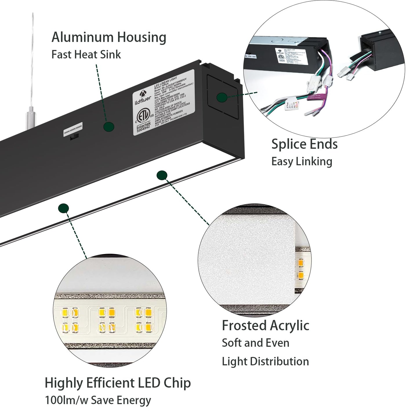 4FT Led Linear Lights,Linkable 8FT/12FT/16FT,35W Down + 15W Up Light,3/4/5KK 3CCT Selectable,Commercial Lighting Fixture for Office,0-10V Dimmable Linear Pendant Lighting for Shop,Garage,School