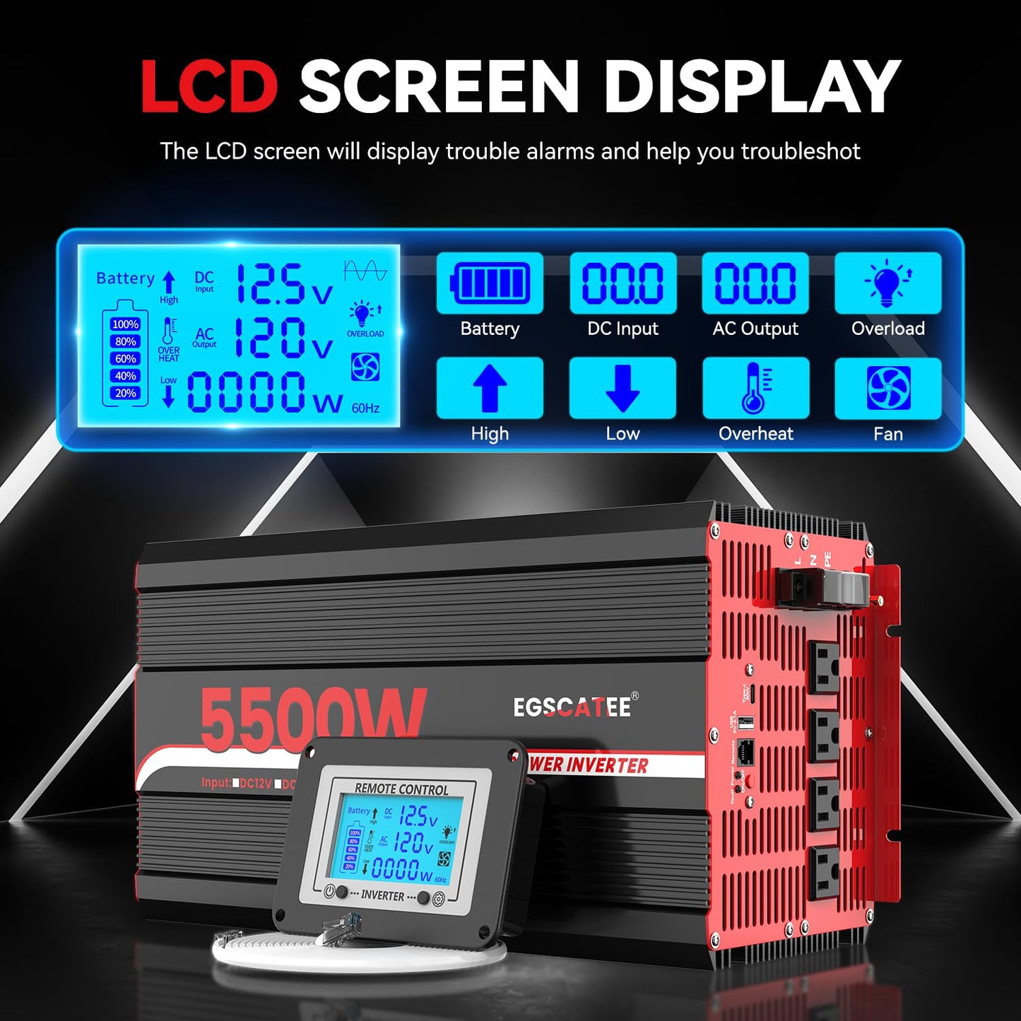 5500W Power Inverter 12V DC to 120V AC, 11000W Peak Off-Grid Solar Converter for 12V Battery Bank, RV, Truck & Home Backup Power System, 4 AC Outlets, USB & Type-C Port, LCD Remote Controller