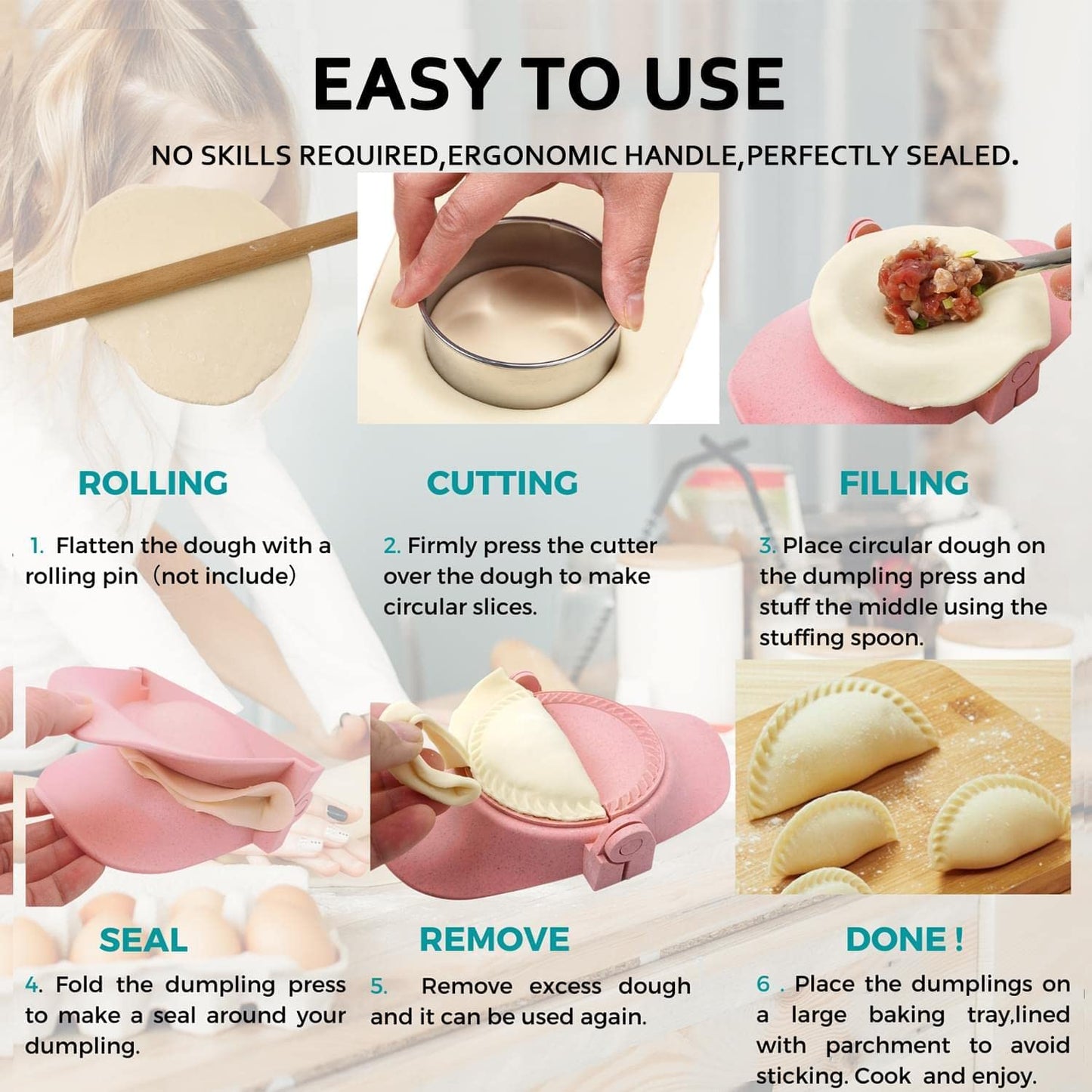 MUMSUNG Empanada Maker Press, 6-Inch Extra Large Dumpling Maker Set with Dough Cutter, Dumpling Mold Set for Pierogi, Pastelitos, Calzone, Turnovers, Chinese Dumpling, 4Sizes (6"/4"/3"/2.6")
