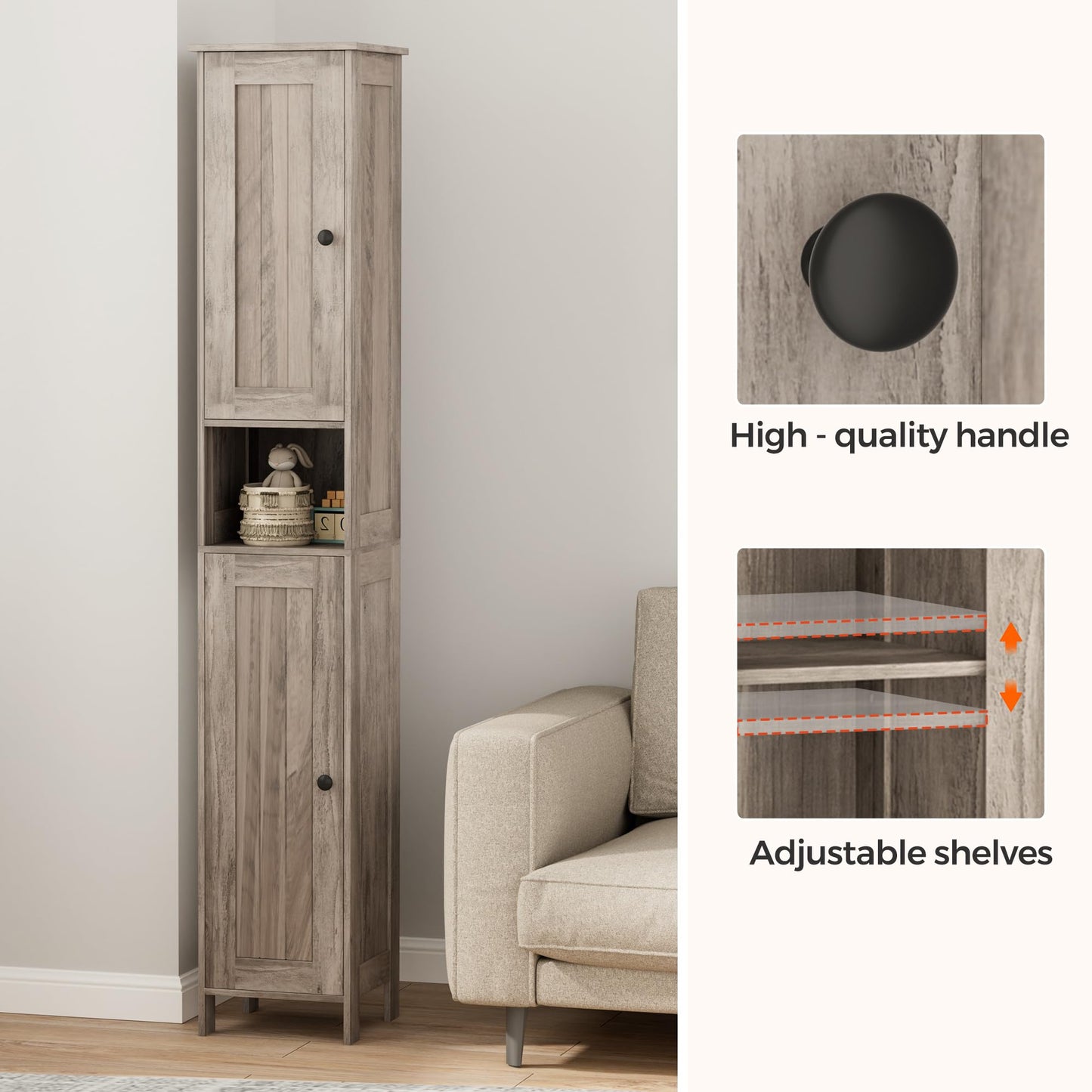 Homleke Tall Bathroom Storage Cabinet with 2 Doors, 67"H Narrow Storage Cabinet with Adjustable Shelves& Anti-Tip Design, Reversible Door Installation, Easy Assembly, 11.8 x 11.8 x 66.9 Inches, Greige