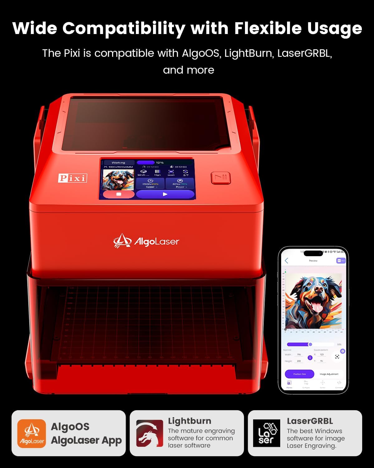 AlgoLaser 5W Laser Engraver Machine: Portable & Smart with 3.5" Touch Screen, Hand Drawing/Wireless/SD Card/Offline Engraving, AlgoOS Self Developed System for Wood, Acrylic, Leather