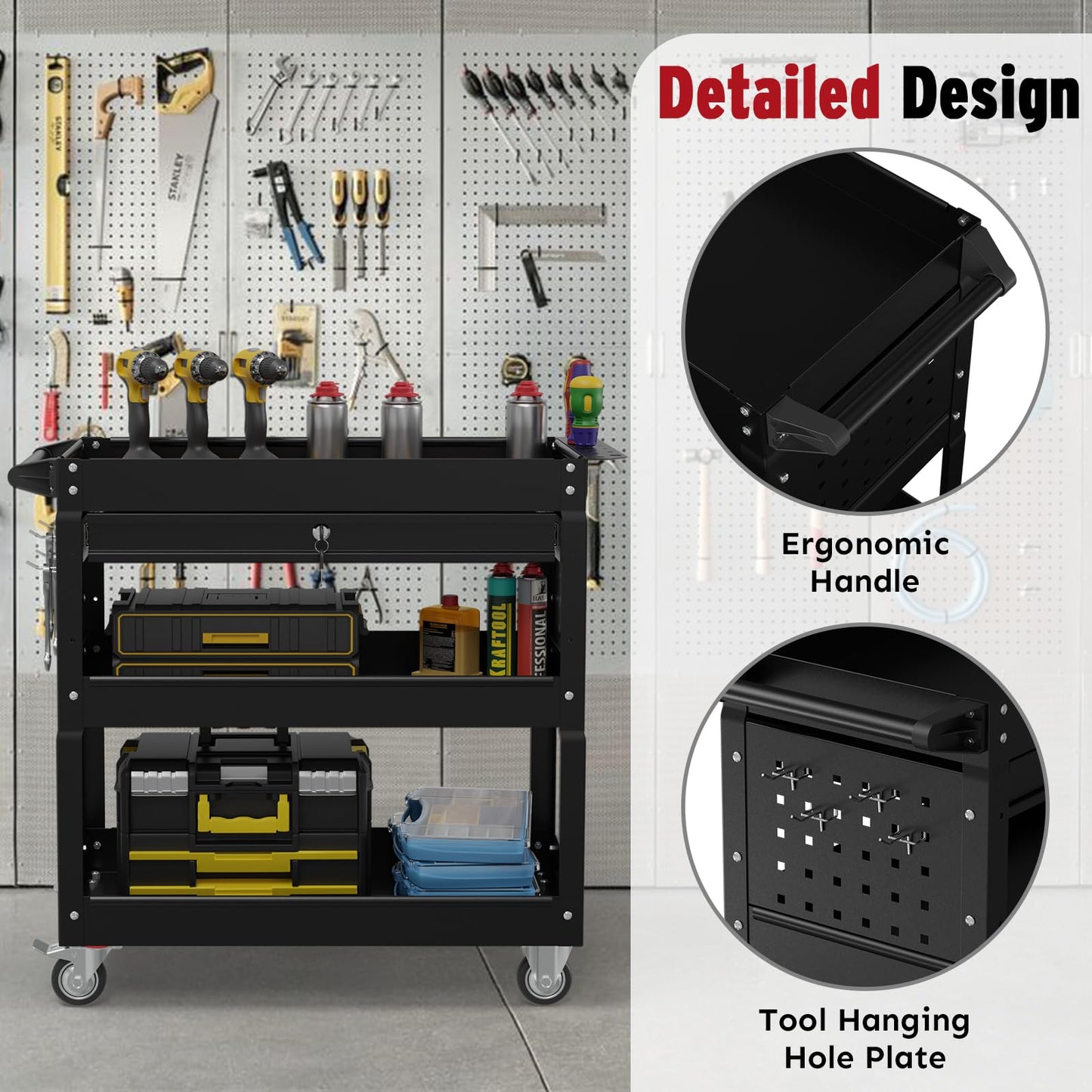 Granper 3 Tier Rolling Cart, Heavy Duty Utility Industrial Service Carts on Wheels, Metal Tool Cart with Locked Drawers, Ideal for Garage, Warehouse and Repair Shop（Black）