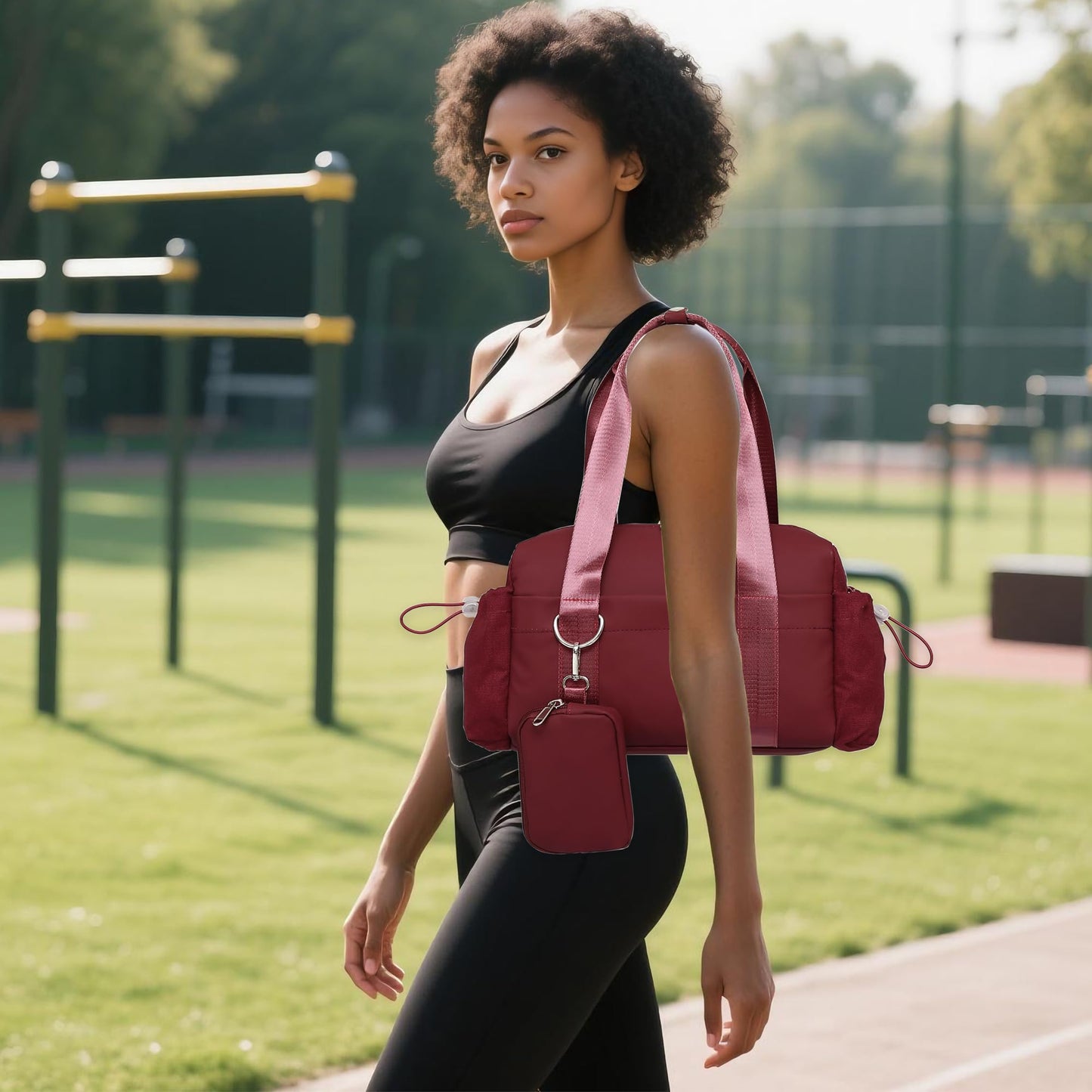 ERTUNA Everyday Mini Gym Bag for Women 2.0, Small Tote with Zipper Compartment Waterproof Travel Duffle Cute Handbag Workout Carry On with Removeable Shoulder Strap & Coin Wallet Easy to Clean-Wine