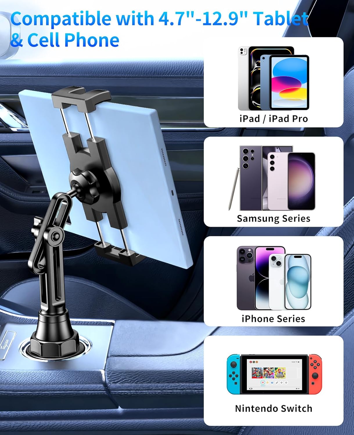 YYDBS 4.7-13 Tablet Holder for Car, Car Cup iPad Holder Mount, [Upgraded Version] Universal Cup Cradle, Long Adjustable
