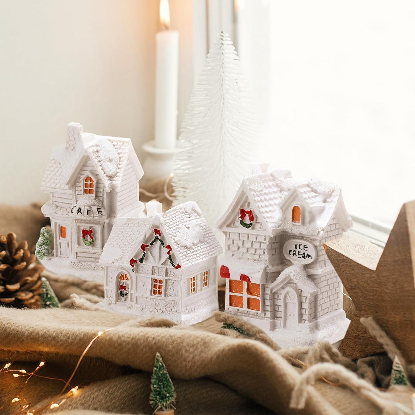 Vinsot 26 Pcs Resin Winter Miniature Village Set - Light Up LED Houses & Pine Trees for Holiday Decor