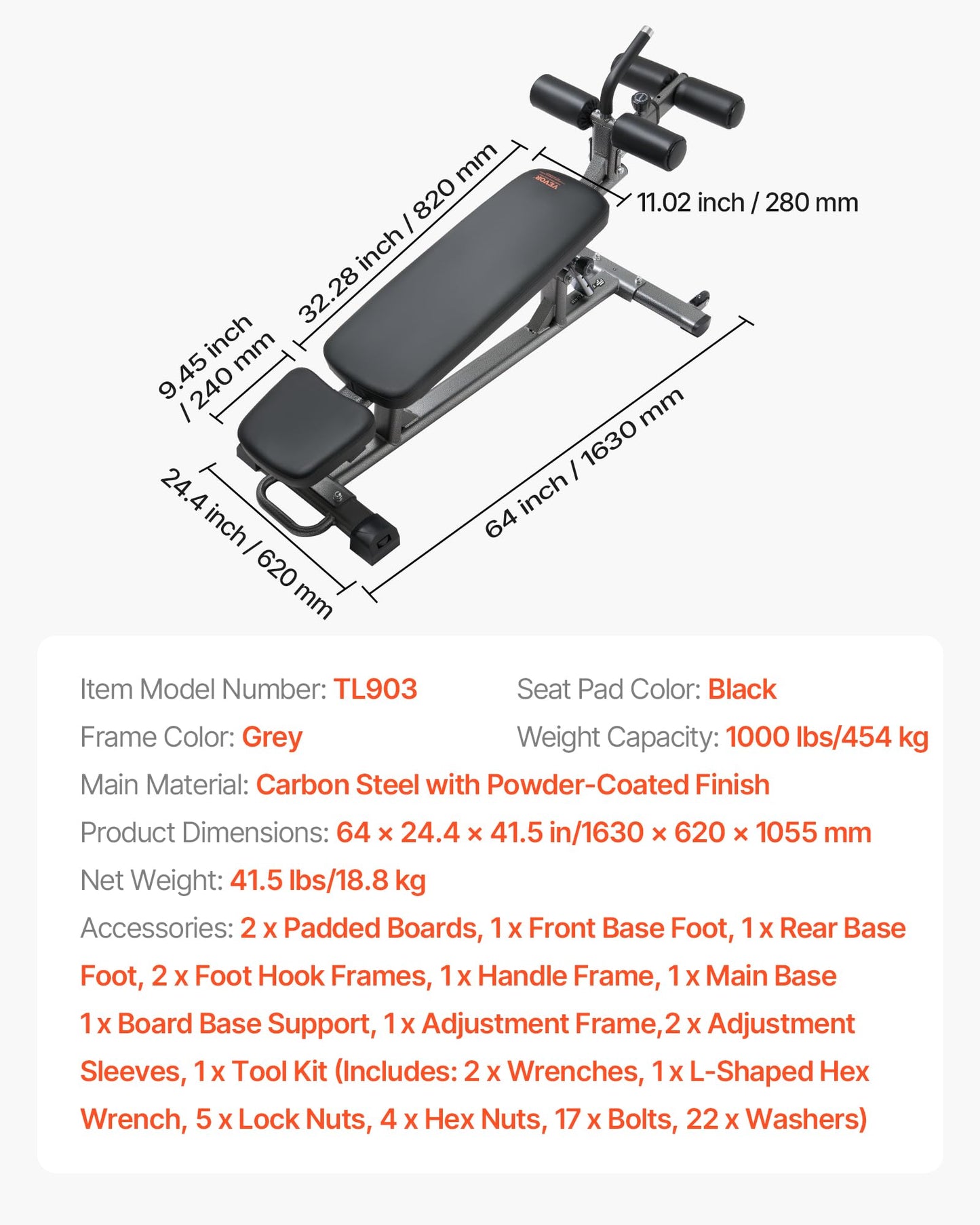 VEVOR Sit Up Bench, Decline Ab Bench with Reverse Crunch Handle, with 4 Adjustable Height Settings, Heavy Duty Steel, 1000 Lbs Capacity, for Home Gym Workouts, Strength Training, Full Body Muscles