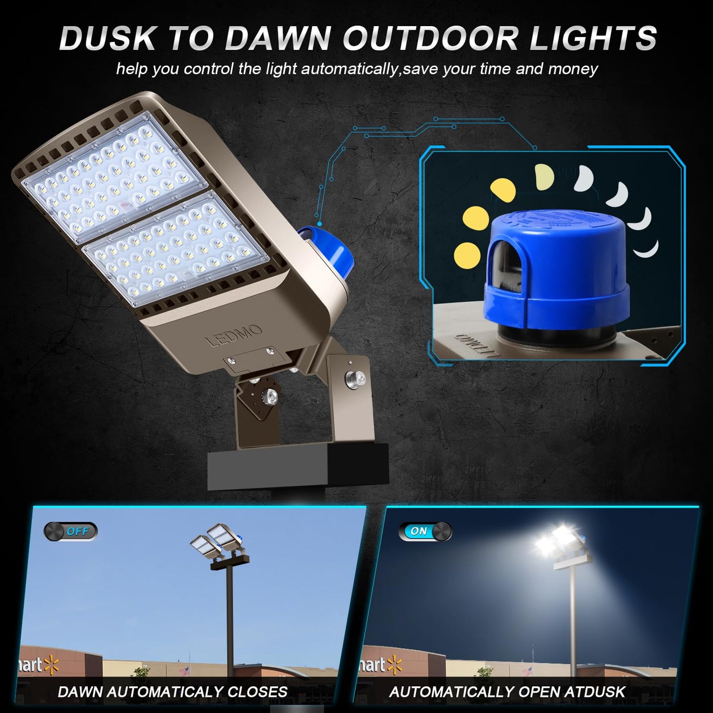 ledmo LED Parking Lot Lights 200W LED Flood Light Outdoor 28000LM 5000K Exterior Trunnion Mount Dusk to Dawn Area Commercial Street Wall Mount IP65 3 Pack Stadium Shop Barn Garage