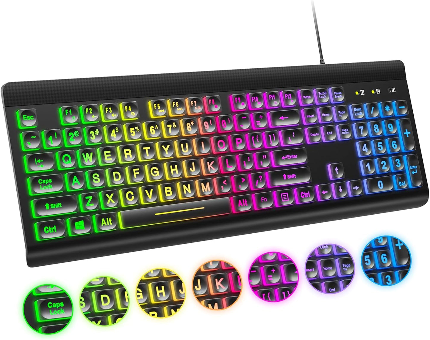 Atelus Large Print Backlit Keyboard, USB Wired Computer Keyboard, Full Size Keyboard with Rainbow Illuminated LED