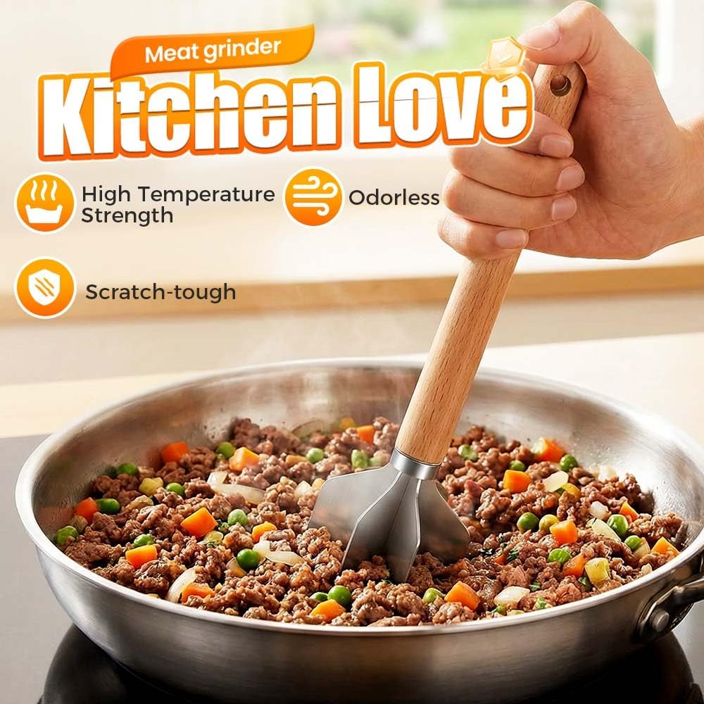 Skiennix 304 Stainless Steel Meat Chopper - 6 Blade Ground Beef Masher with Wooden Handle | Versatile Kitchen Tool