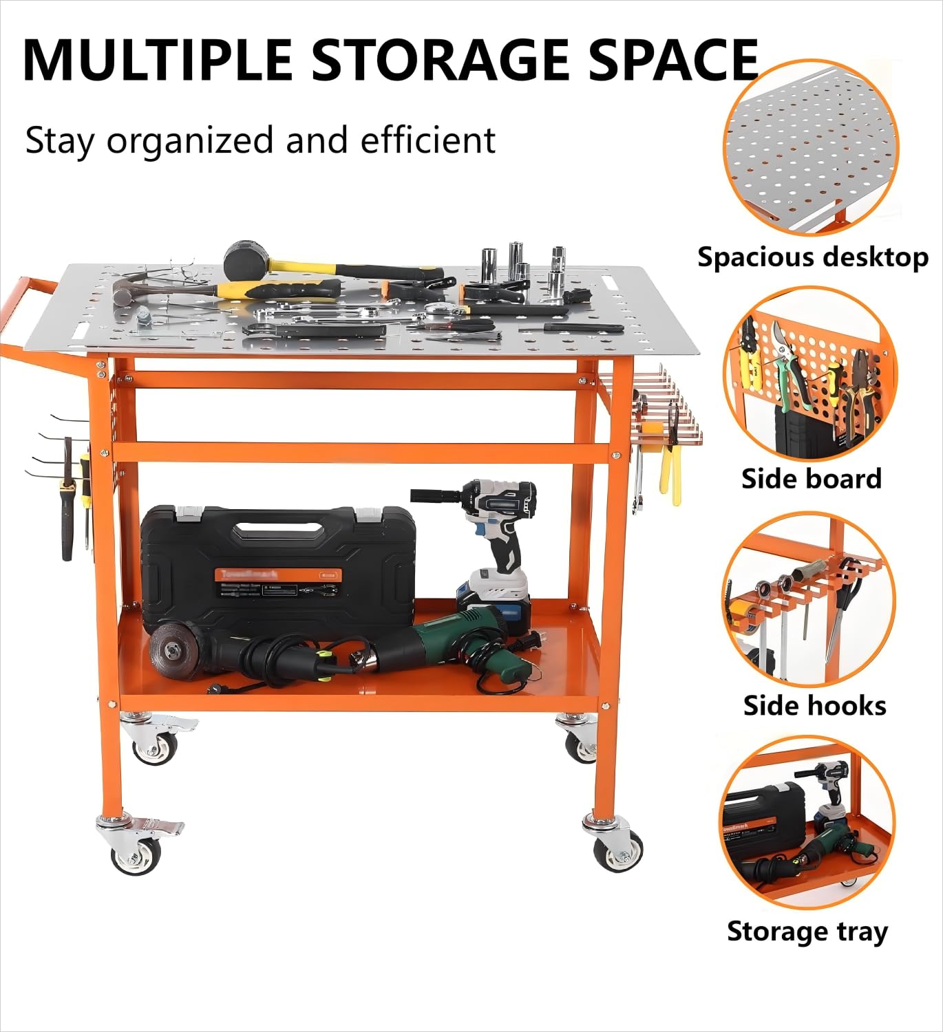 Welding Table, 36" x 24" Welding Workbench with 800LBS Steel Frame, Portable Welding Bench with 2 Brake Wheels & 4 Adjustable Feet, Side Hanging Board, 178 5/8" Fixture Holes for Garage Workshop
