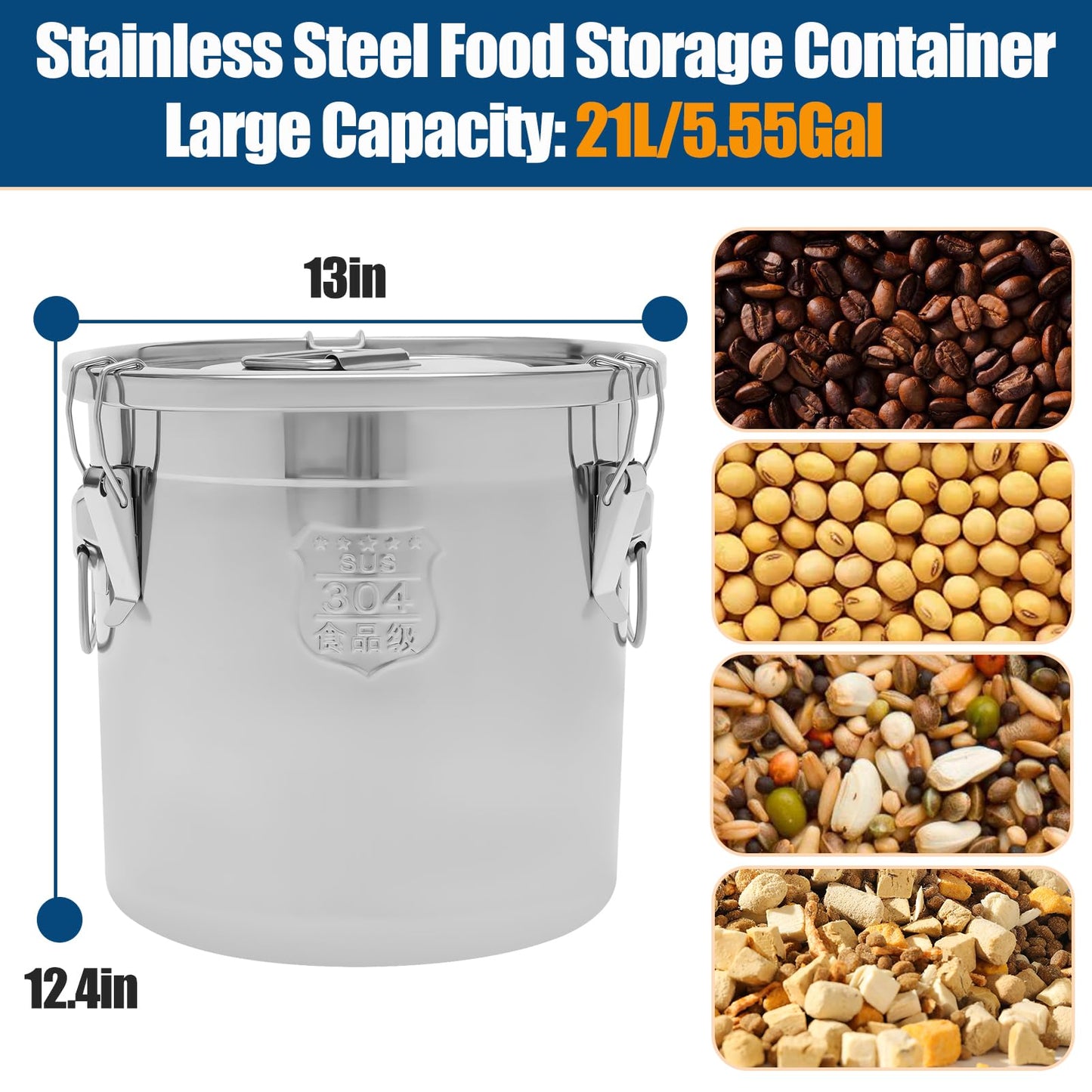 YinCukiEle 5.55Gal/21L Stainless Steel Airtight Canister, 304 Stainless Steel Food Storage Container, 710.4oz Large Metal Bucket with Lid and Lock Clips for Coffee Beans, Flour, Tea, Sugar, Cereals