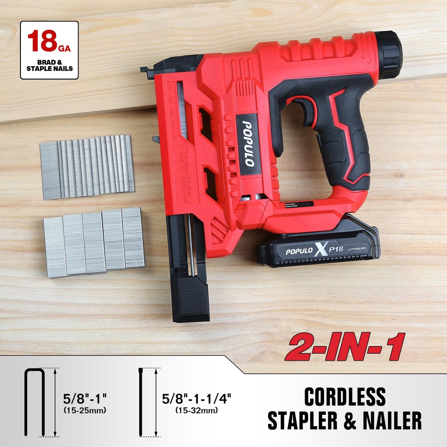POPULO 20V Nail Gun Battery Powered, 18 Gauge 2-In-1 Cordless Brad Nailer Stapler Includes a 2.0Ah Battery, Charger, 1600 Staples and Nails, Electric Staple Gun for Carpentry and Upholstery