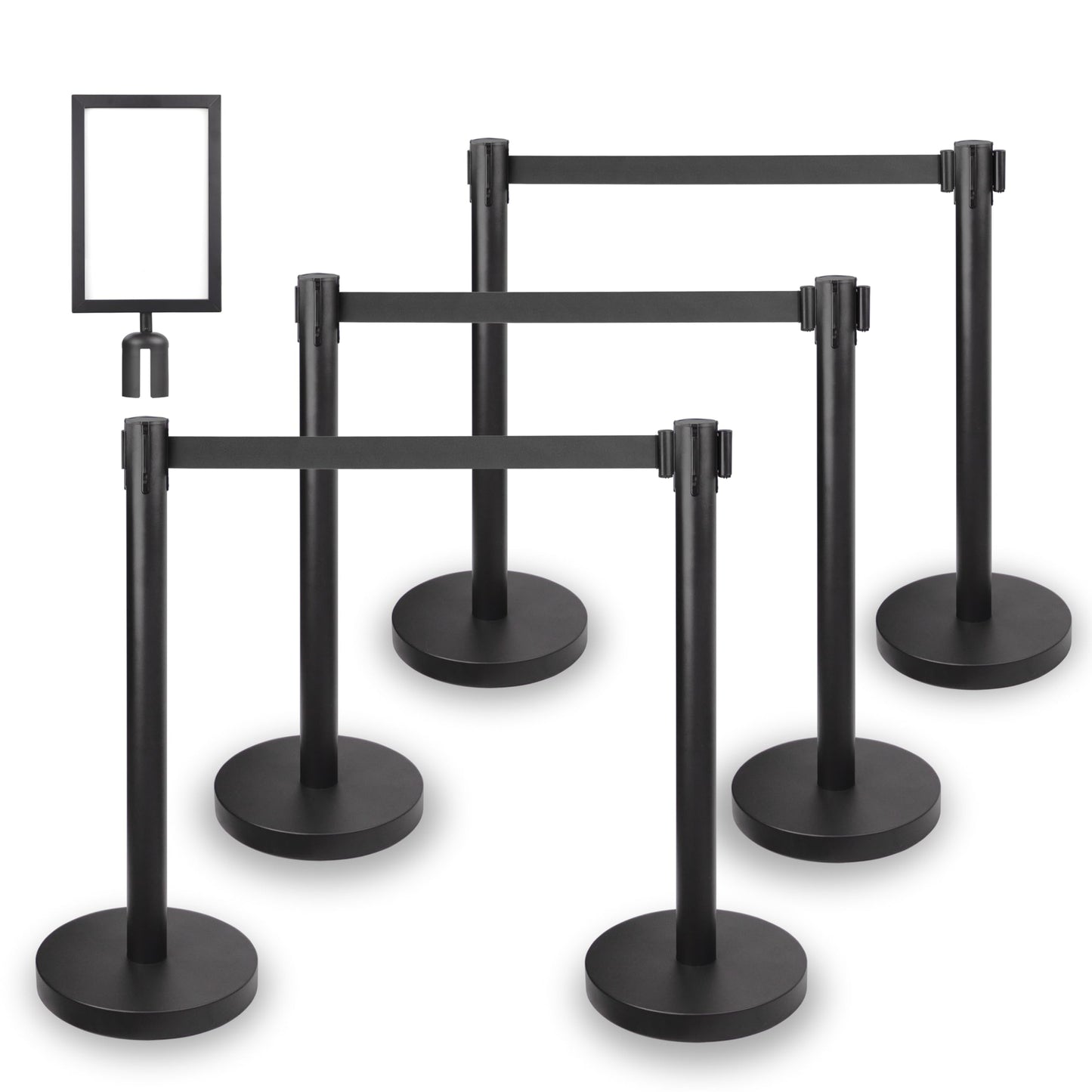 REGRACENLO Crowd Control Stanchion Set with Sign Topper,Black Stanchion with 6.6 ft Black Retractable Belt Barriers,Crowd Control Barriers with Durable Refillable Enlarged Base 6 Pcs
