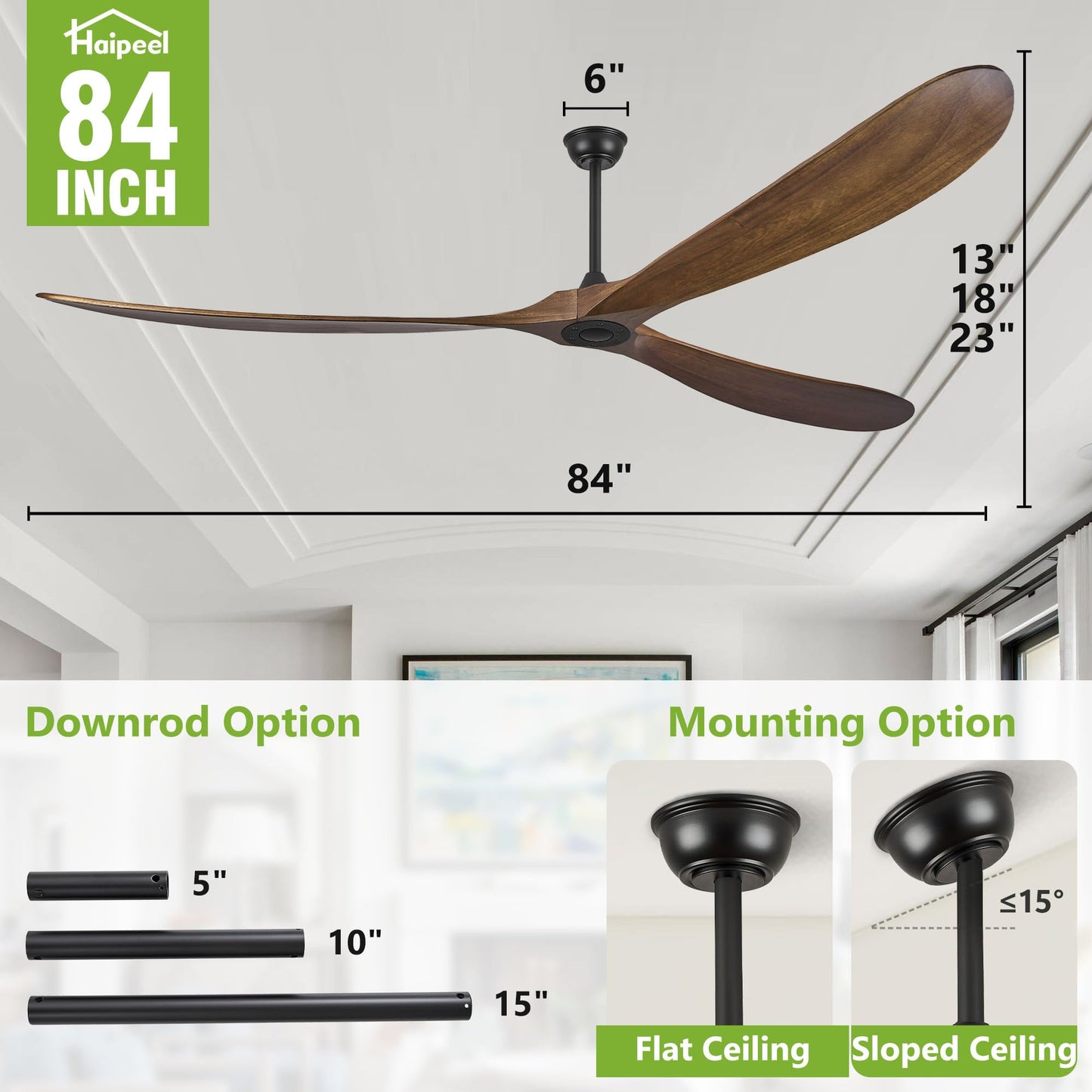 Haipeel Wood Ceiling Fans without Lights, 84 Inch Extra Large Ceiling Fan no Light with Remote, High CFM Indoor Outdoor Ceiling Fan no Light 3 Blade Propeller for Patios Farmhouse Garage, Dark Walnut