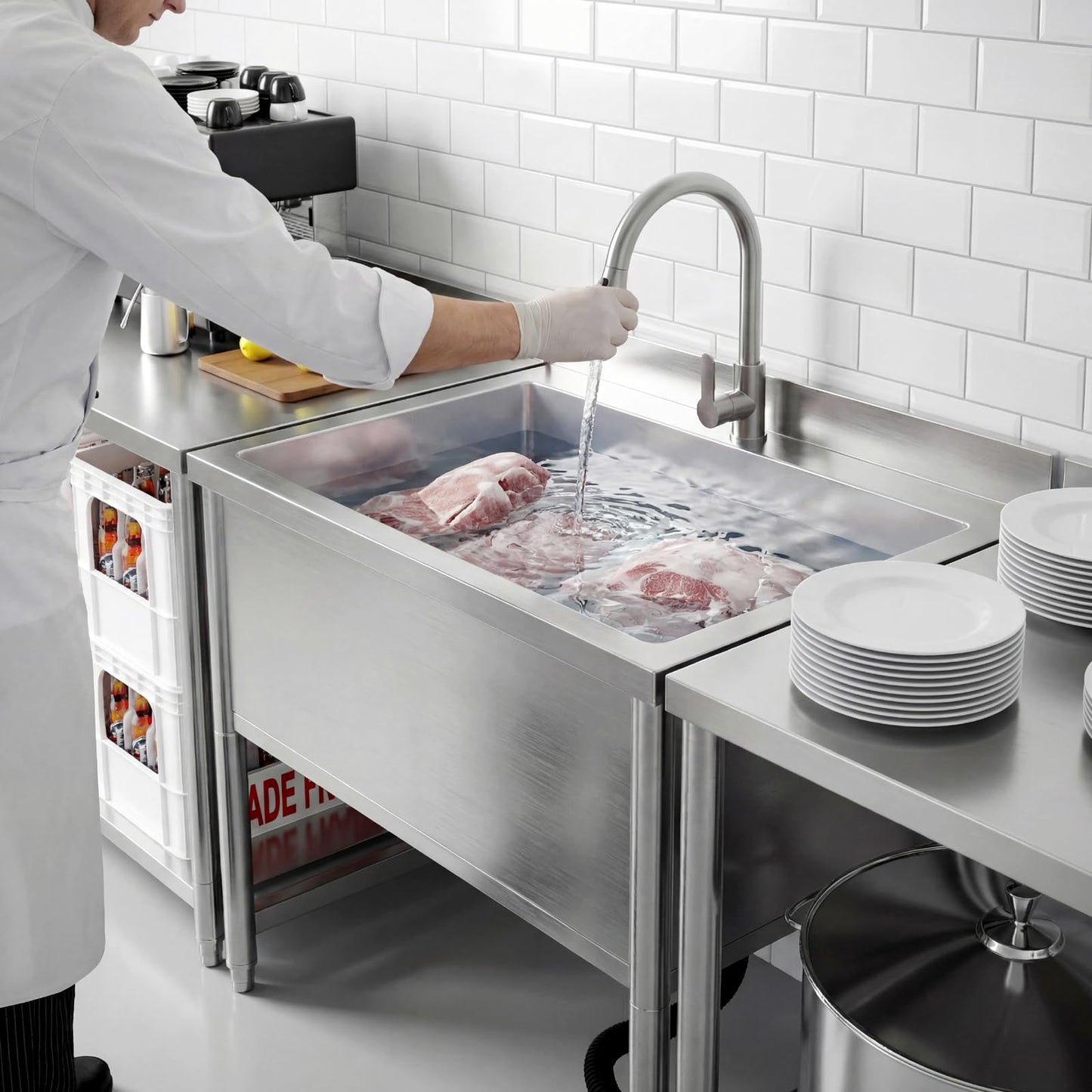 Stainless Steel Commercial Restaurant Sink, Freestanding Large Commercial Sink with Pull-out Faucet for Kitchen Dishwashing, Thawing, Pet Cleaning, Laundry Room, 35 Gallon, 23.6"D x 33.5"W x 36.8"H