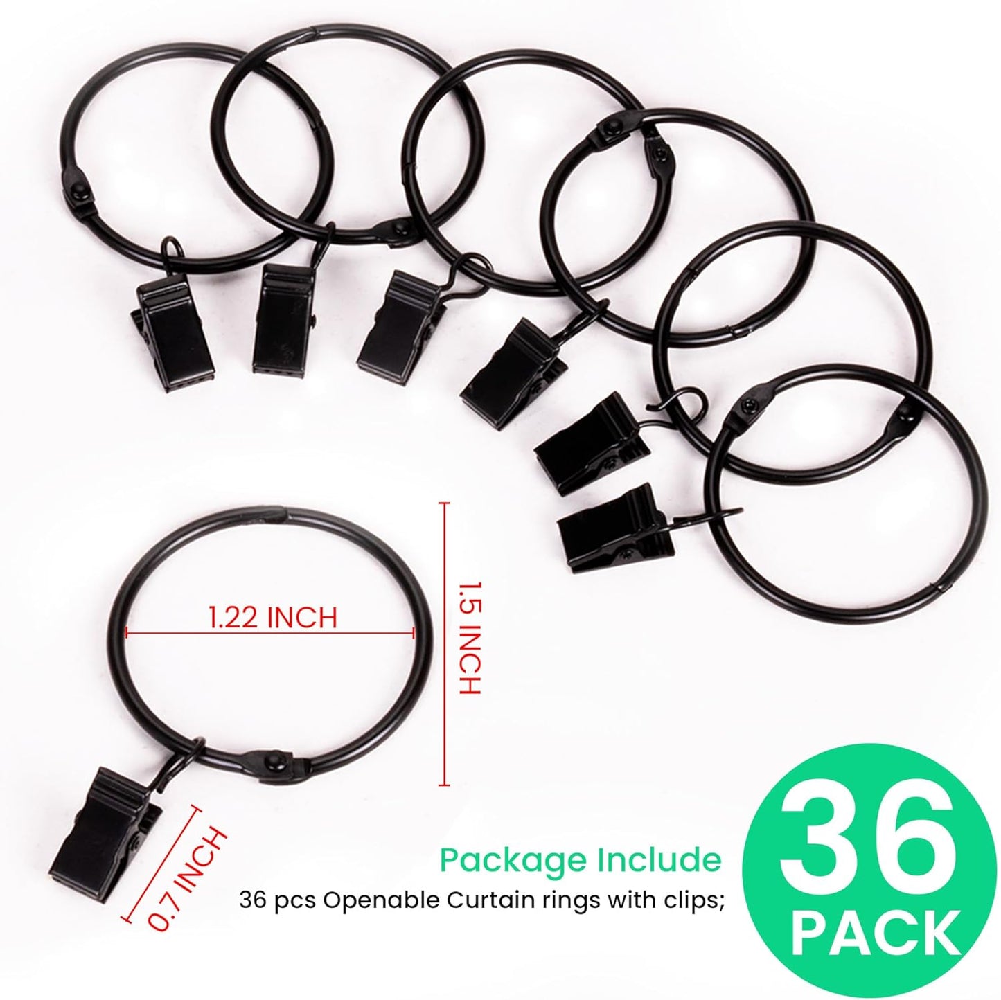 Regine Switzerland 36 Pack Metal Curtain Rings - Heavy Duty Rustproof Clips for 0.75-1" Rods | Vintage Black