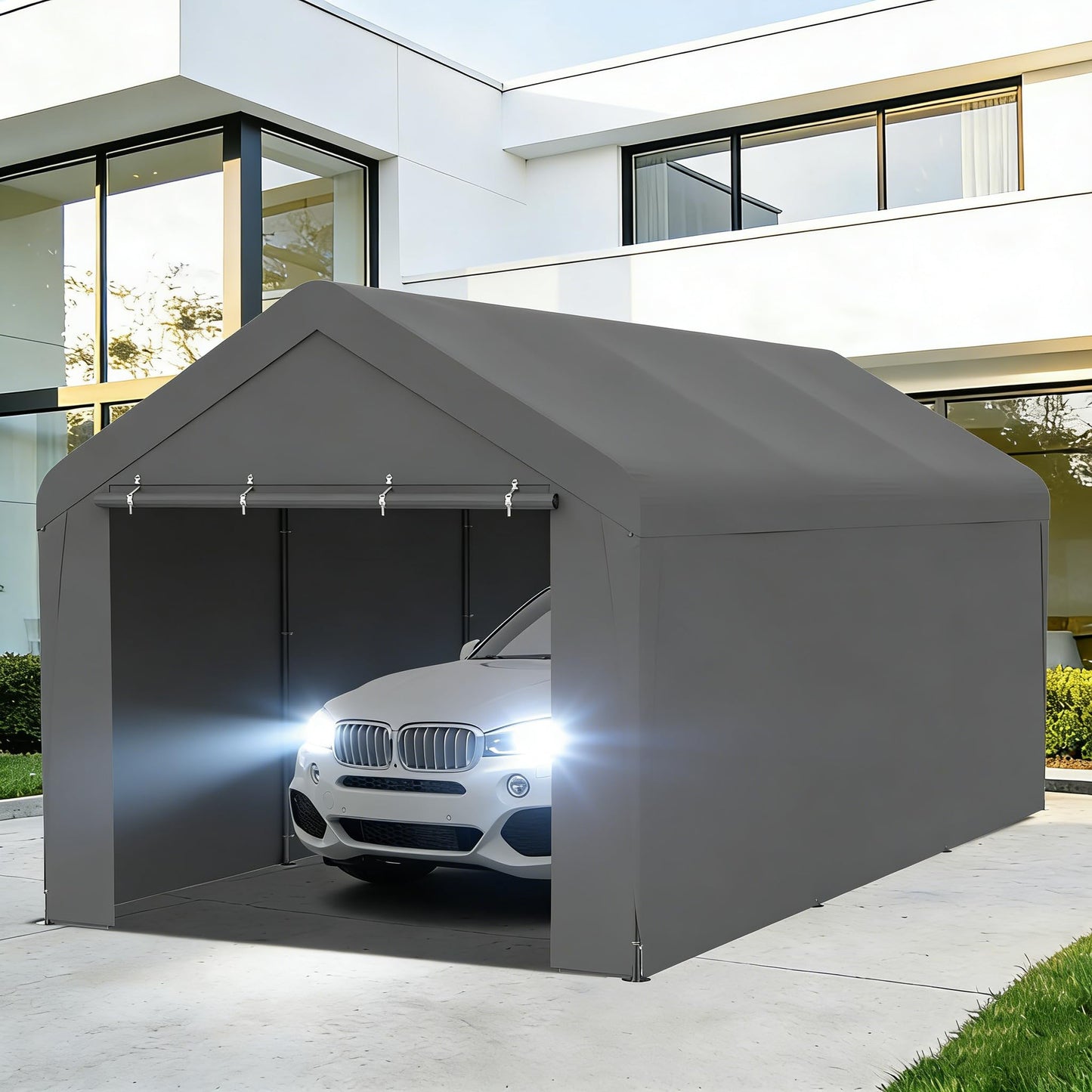 Carport 10 x 20 FT Heavy Duty, Portable Garage Canopy, Waterproof Car Canopy with Side-Opening Removable Door, Carport Canopy for Car, Truck, Boat, Equipment (Grey)