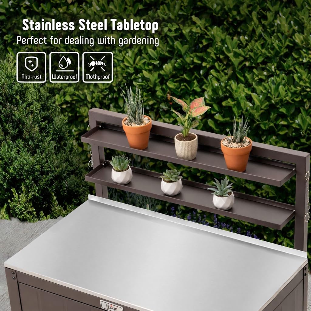 Feasto Outdoor Potting Bench Table with Storage Cabinet, Stainless Steel Garden Workstation, Raised-Edge Top, Adjustable Shelf & Removable Hutch for Patio, Balcony & Outdoor Workspace, Brown