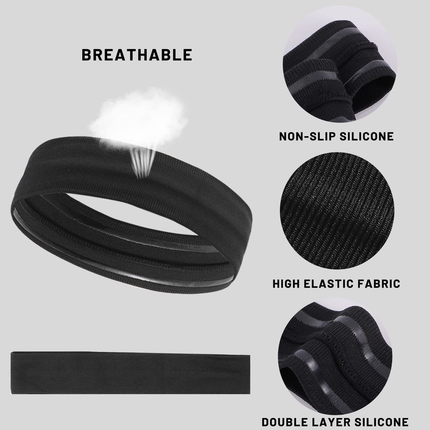 ONEYE Black Workout Headbands for Women Men Non Slip Sport Silicone Sweatbands Elastic Hair Bands Yoga Running Sports Travel Indoor Fitness Gym with 5 PCS