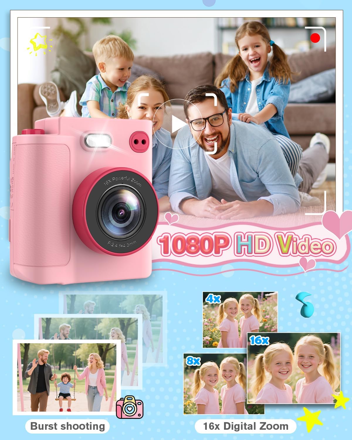 MYSTILUCK 3 4 5 6 7 8 9 10 1080P 32GB Kids Camera Toys for Year Old Girls Boys, Christmas Birthday Gift with HD Digital