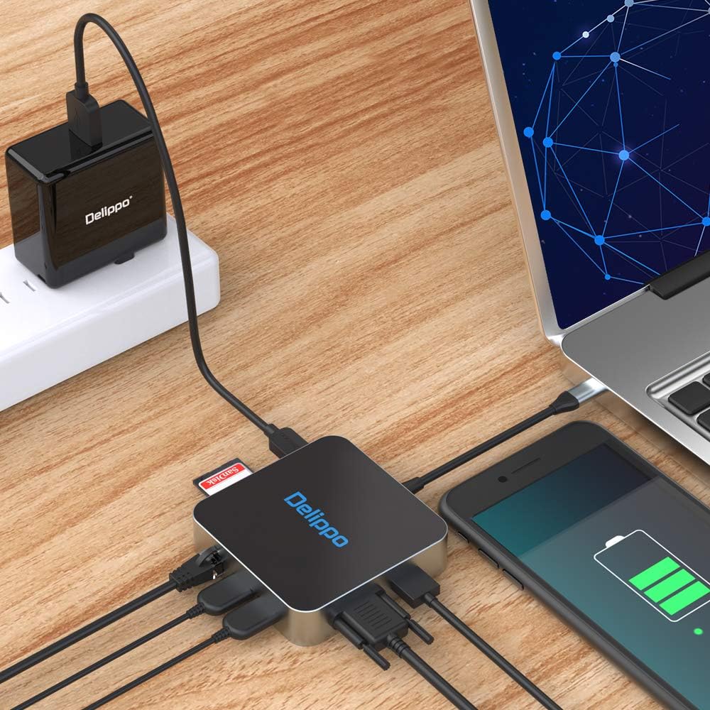 Delippo 8 1 Charging,4K HDMI,1080 2 USB C Hub Docking Solution, in with Charger dongles Gigabit Ethernet Port, PD Type