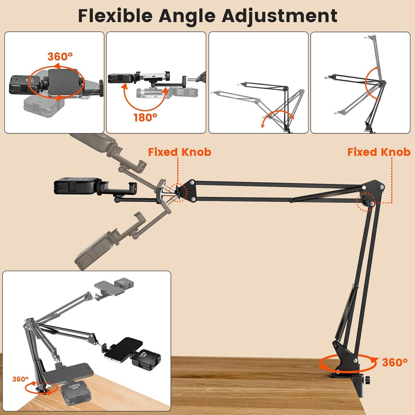 AIXPI Overhead Phone Mount with LED Selfie Light and Bluetooth Remote, Rechargeable Camera Light Tripod Stand