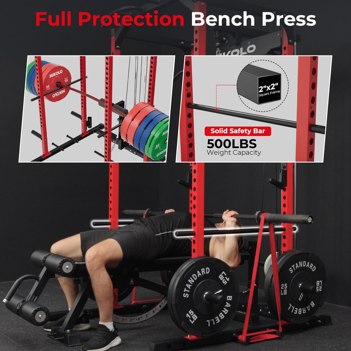 Mikolo F4 2.0 Power Cage with Dual-Track Smooth Pulley System, 1200LBS Power Rack with Leg Hold-Down for Heavy LAT Pulldowns, All-in-One Squat Rack with More Training Attachments for Home Gym (Red)