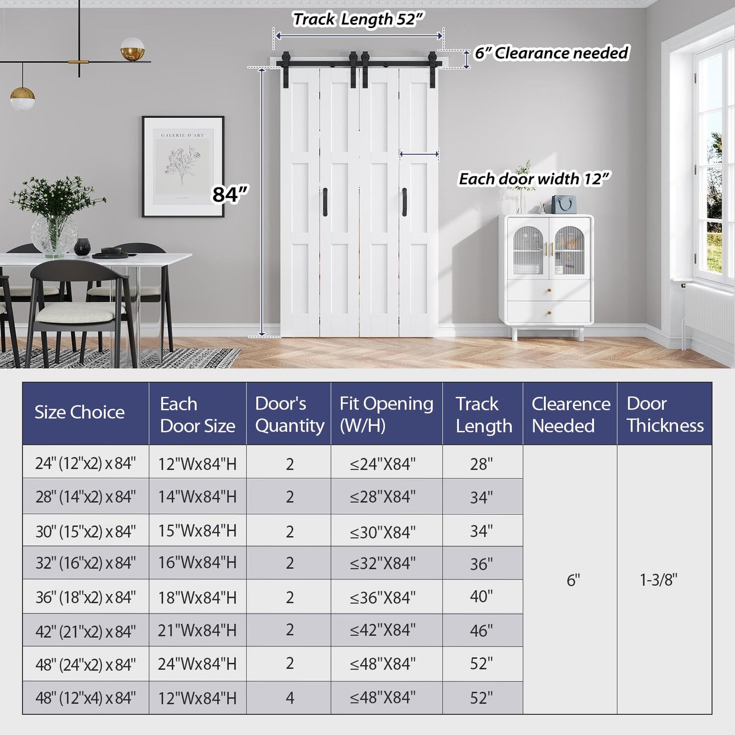 FREDBECK 48in X 84in (for 4 Doors 12x84) White Bi fold Barn Door Bifold Doors with 52" Hardware Track Kit Included,Solid MDF with Water-Proof PVC Surface for Closet,Assembly Required