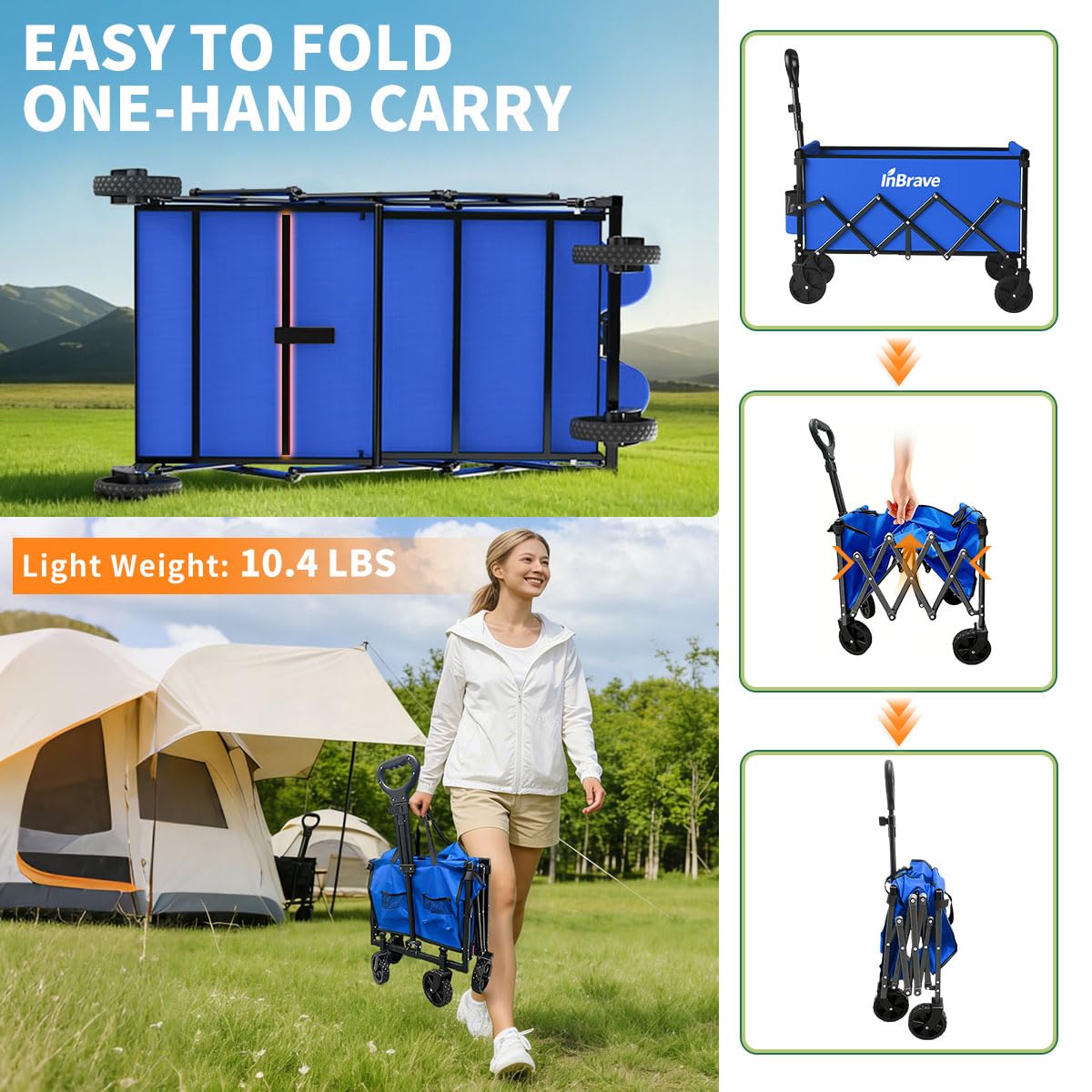 Collapsible Wagon Cart, 380LBS Heavy Duty Utility Wagons with All-Terrain Wheels, Foldable Grocery Carts for Gardening, Shopping, Beach, Camping (Blue)