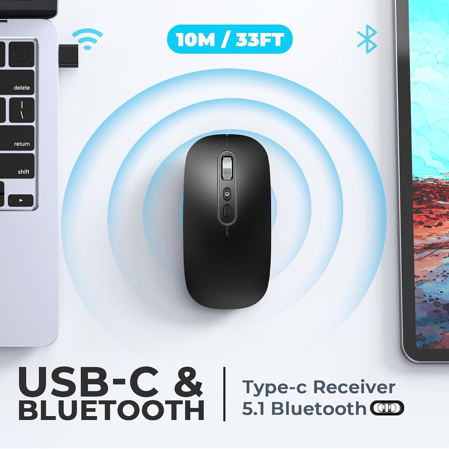 RaceGT USB C Wireless Mouse, Rechargeable Dual-Mode Mouse(Type-c and Bluetooth), Silent Bluetooth Mice for MacBook