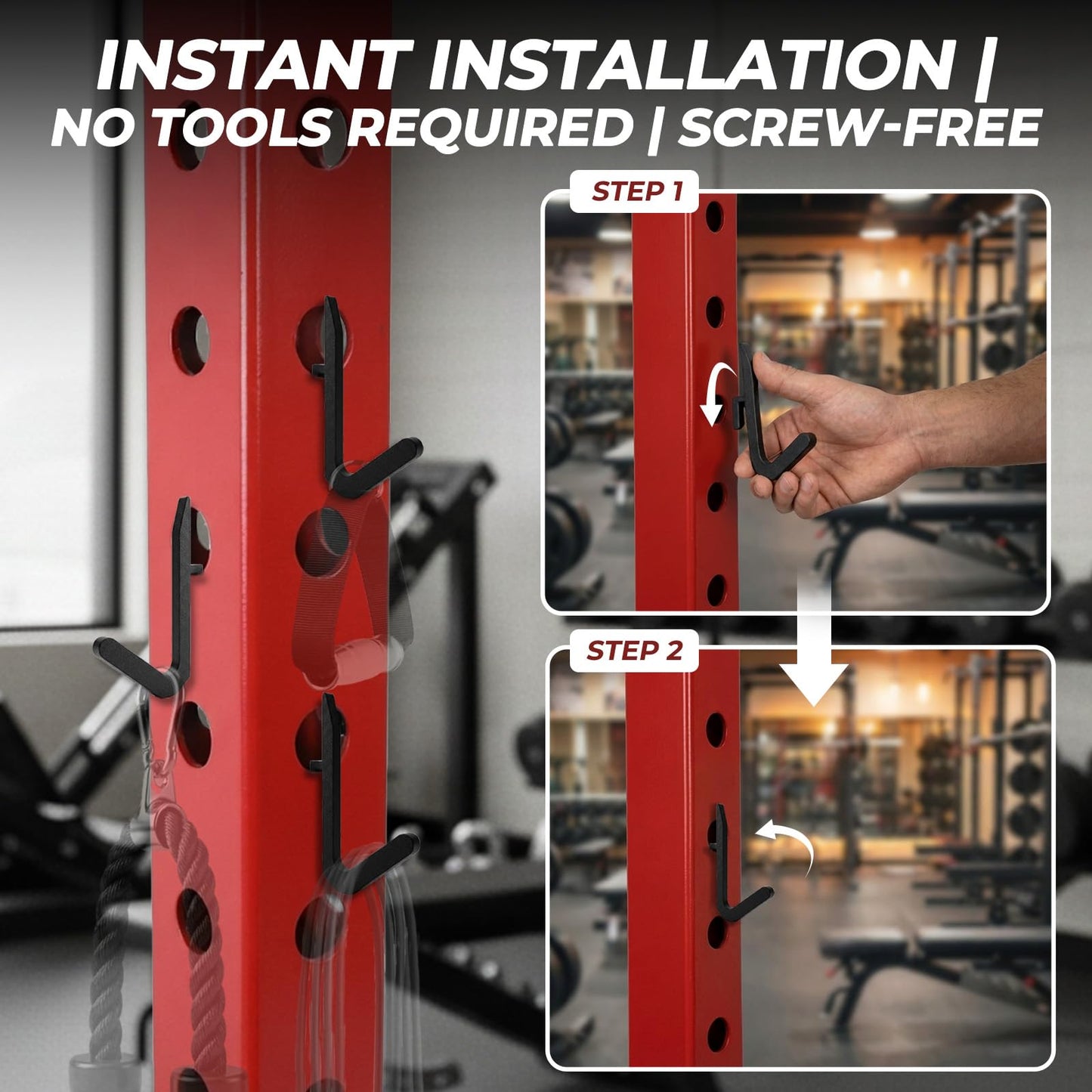 Lights Mountain Power Rack Hooks 10 Pack, J Hooks for Squat Rack, Heavy Duty Gym Storage Hooks for Resistance Bands, Belts, Chains & Cable Attachments & Accessories, Fits 5/8" & 1" Holes