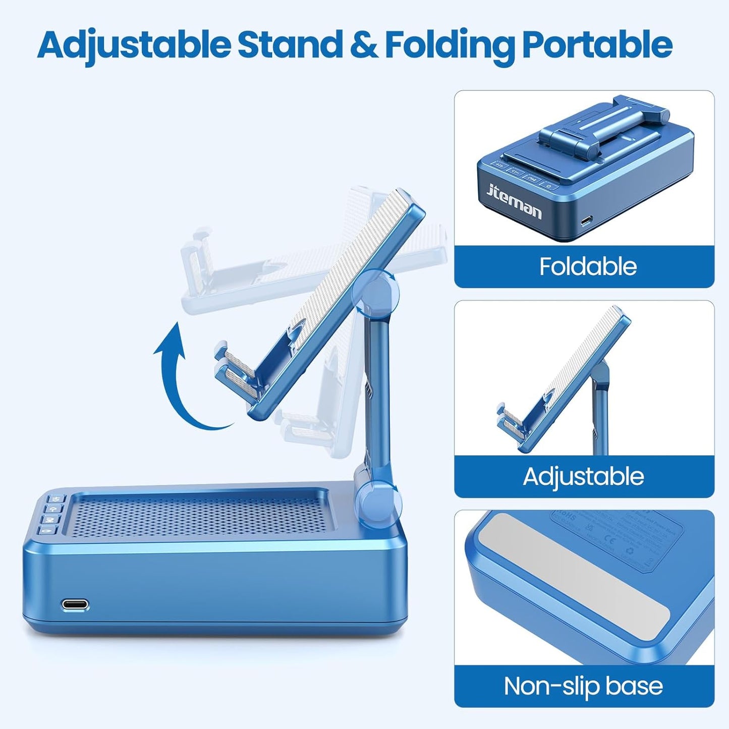 JTEMAN Cell Phone Stand with Bluetooth Speaker, HD Stereo Sound & Anti-Slip Base, Foldable Adjustable Desktop Phone